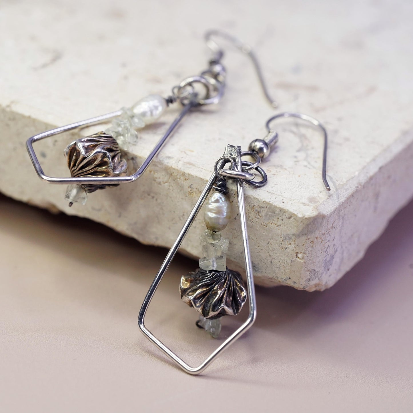 Vintage Sterling silver Handmade earrings, 925 teardrop dangled w/ pearl beads