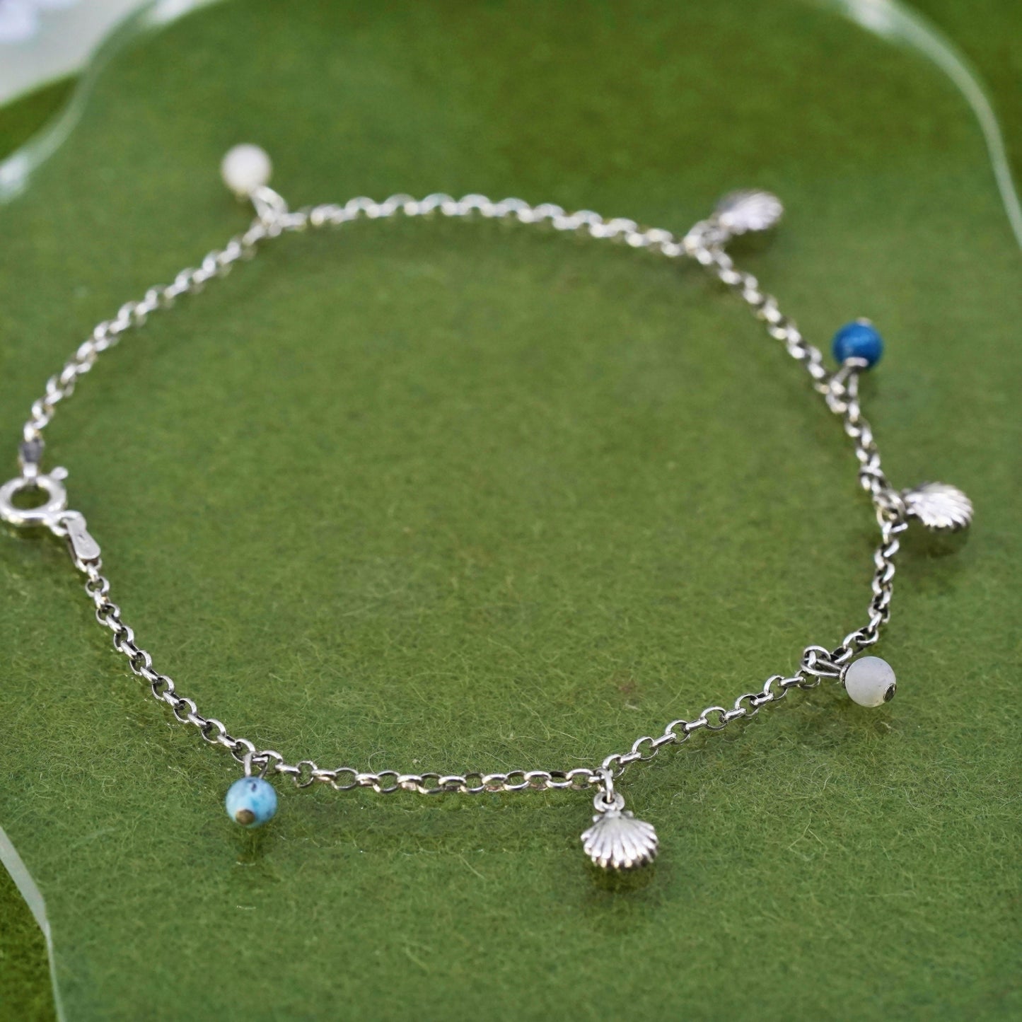 9.75”, sterling silver anklet bracelet, 925 circle shell charm sodalite beads