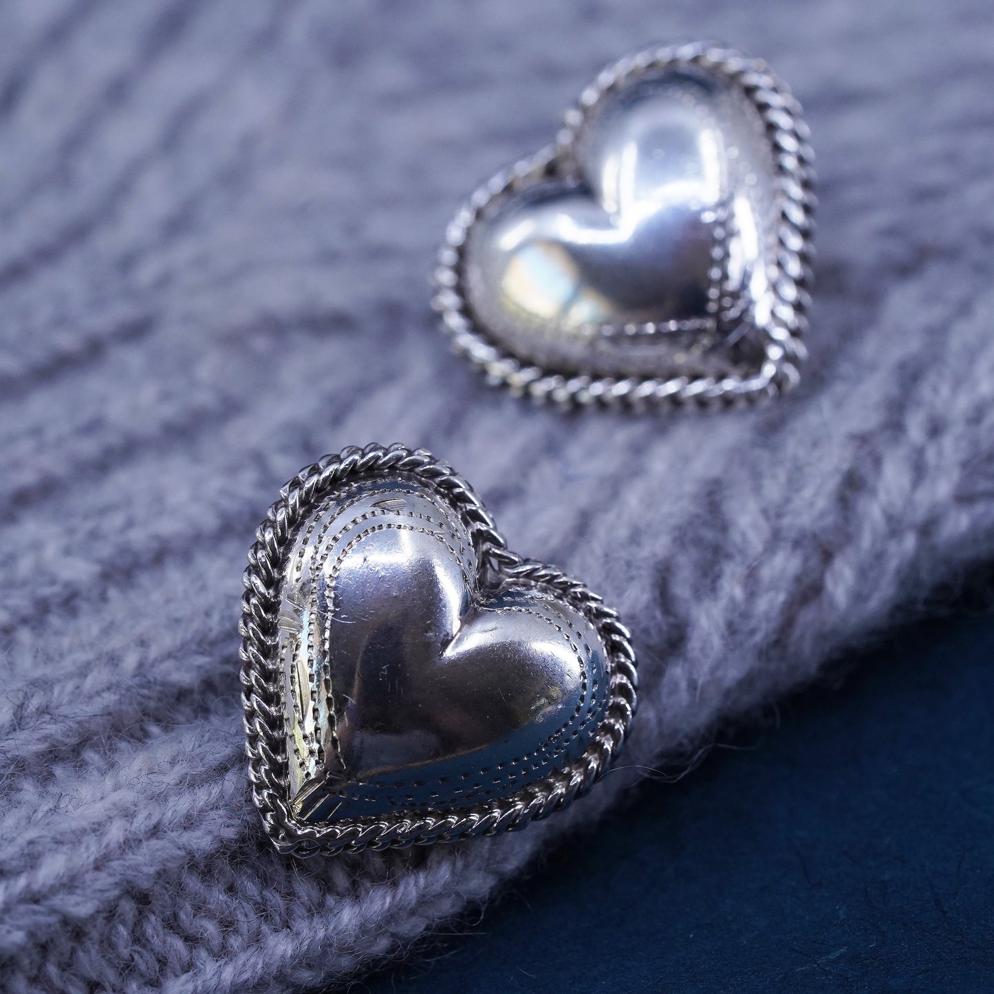 Vintage Sterling silver handmade earrings, textured 925 heart studs