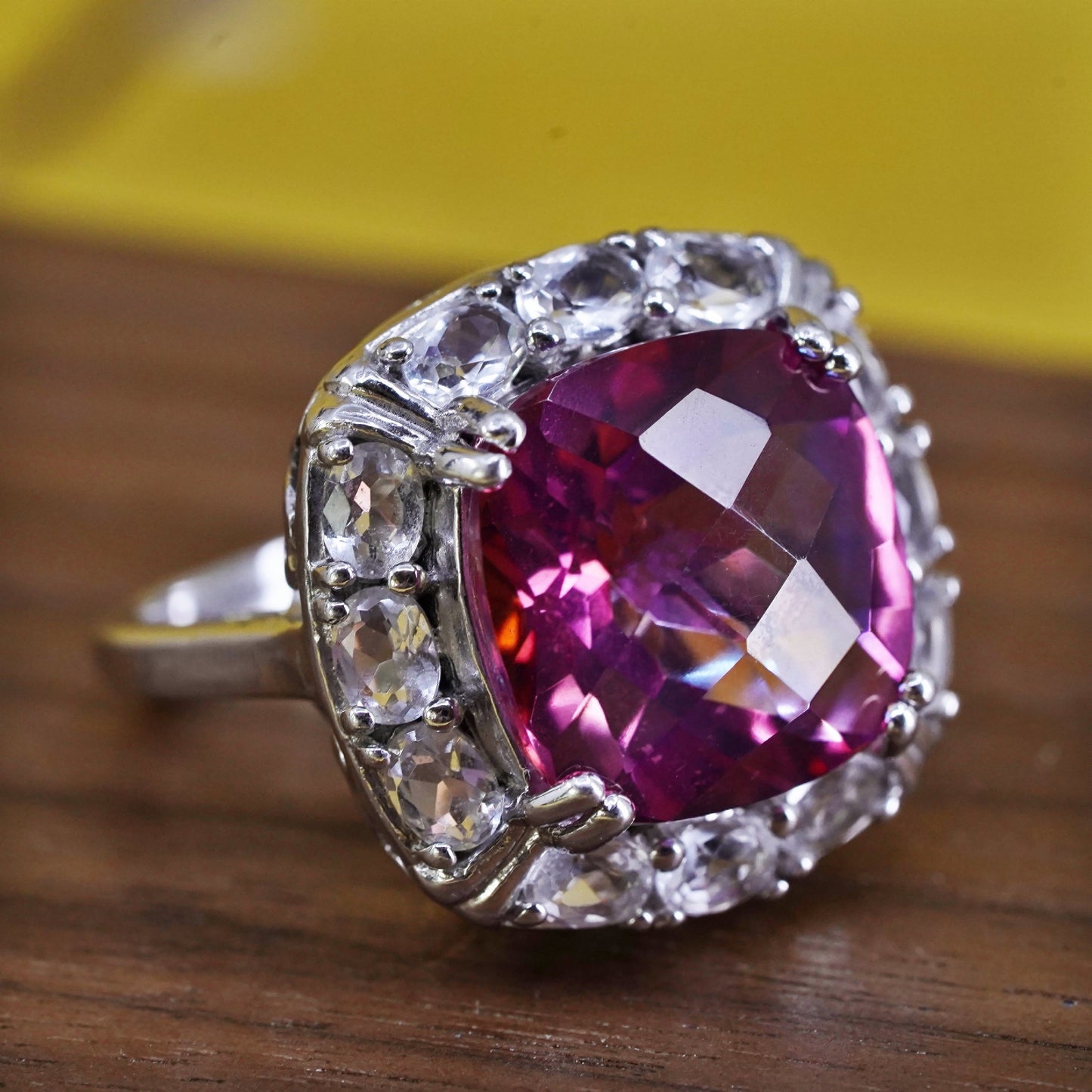 Size 7.75, vintage Sterling 925 silver statement cocktail ring w/ pink crystal