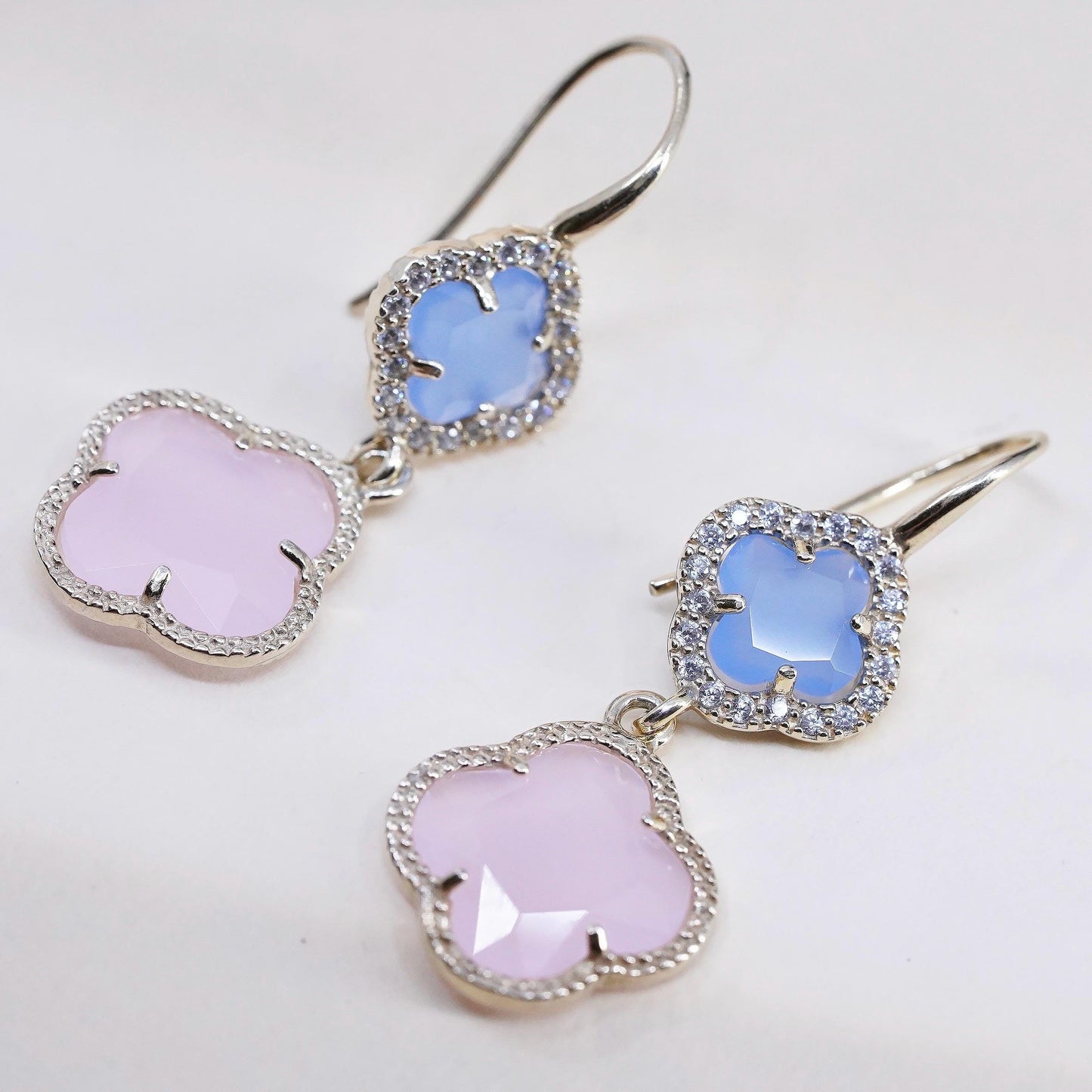Italian yellow gold plated Sterling Silver Blue Pink Chalcedony Clover Earrings