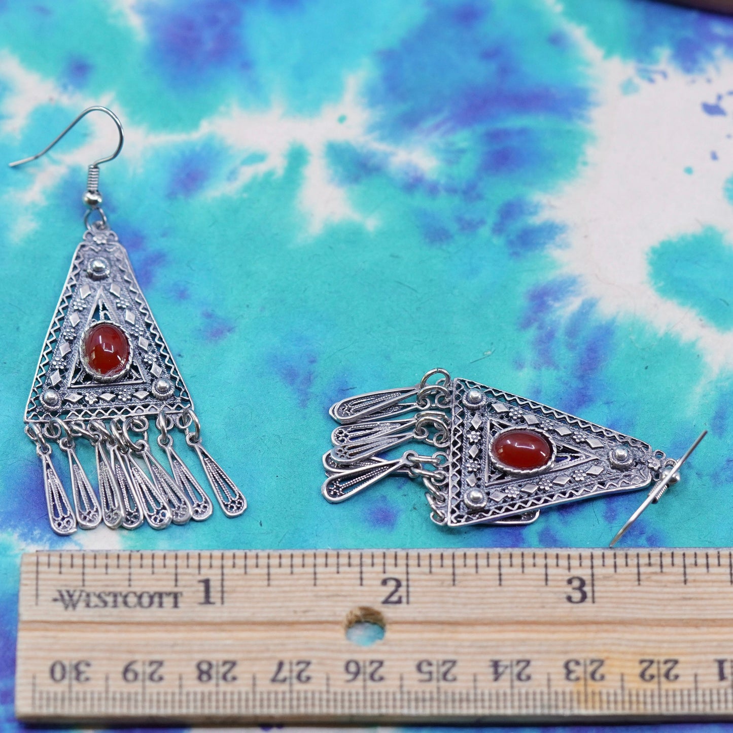 Vintage Sterling silver handmade earrings, 925 Filigree teardrops w/ carnelian