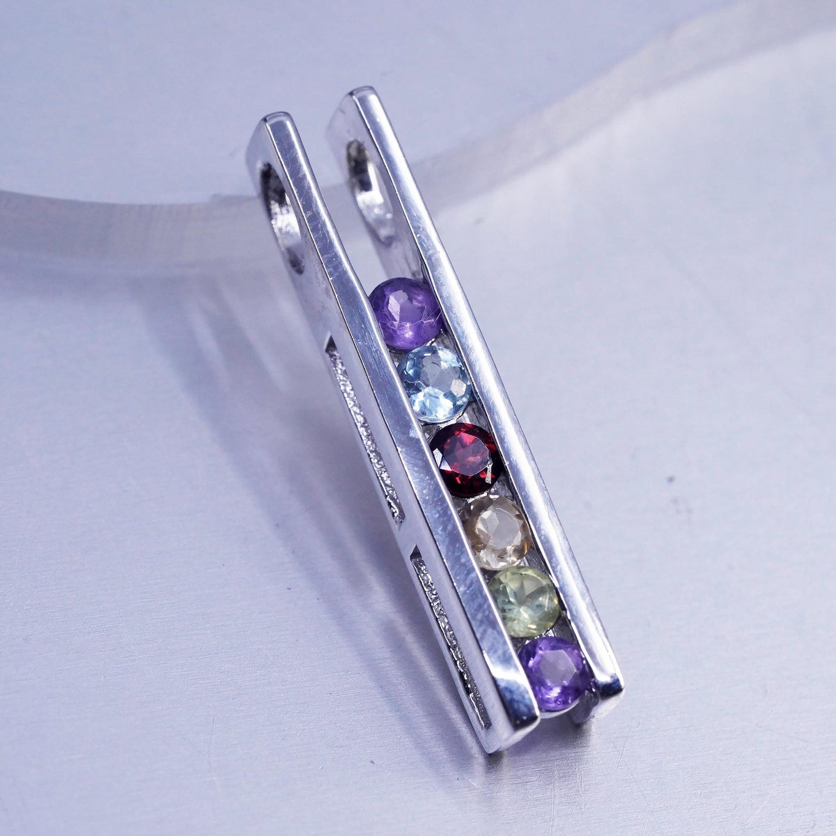 VTG Sterling Silver Multi Gemstone Bar Pendant, Amethyst Garnet Citrine Rainbow