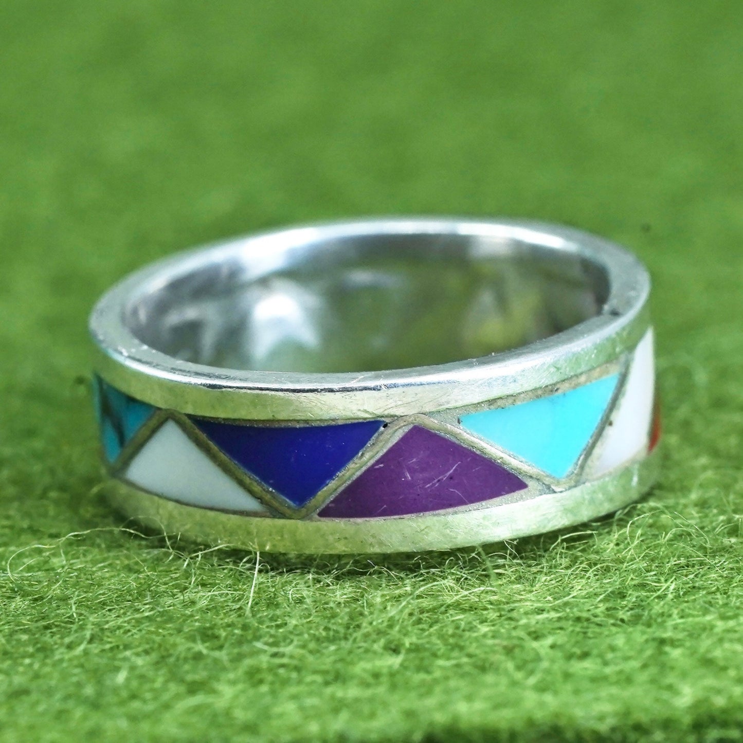 Size 5.75, Sterling silver handmade ring 925 zig zag band turquoise coral inlay