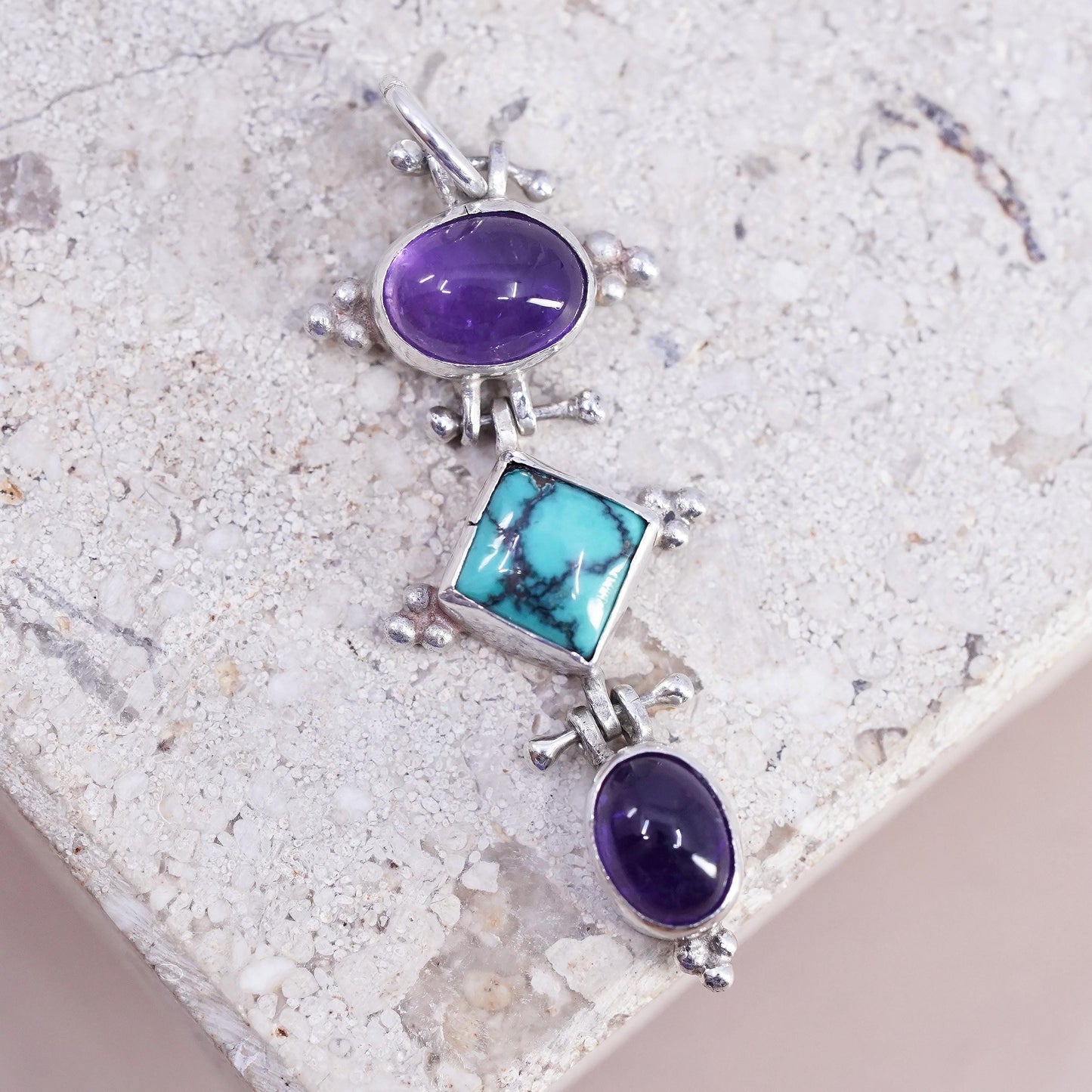 Vintage Sterling silver handmade pendant, 925 turquoise amethyst charm