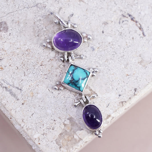 Vintage Sterling silver handmade pendant, 925 turquoise amethyst charm