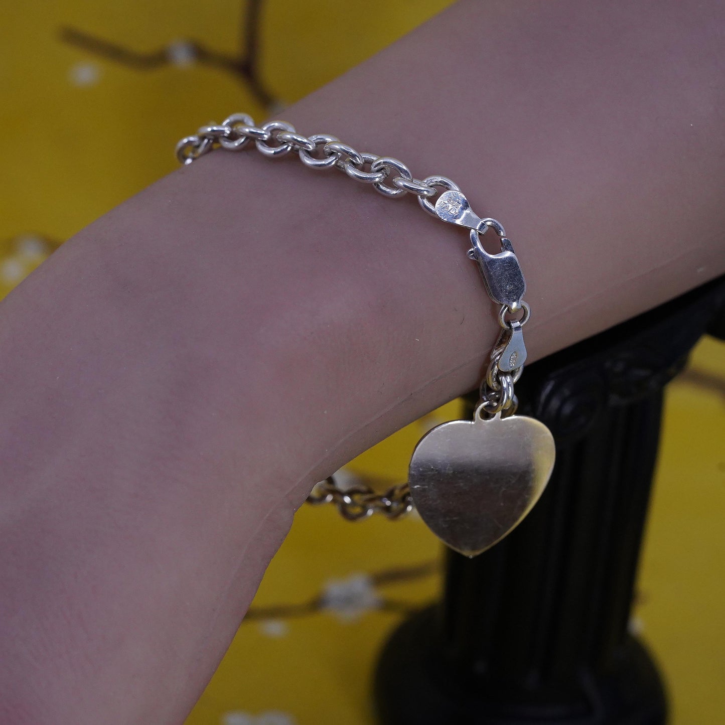7”, Sterling silver bracelet, bold 925 circle chain with heart tag charm