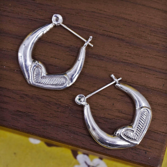 Vintage Sterling Silver Heart Hoop Earrings, 925 Huggies, 1 Inch