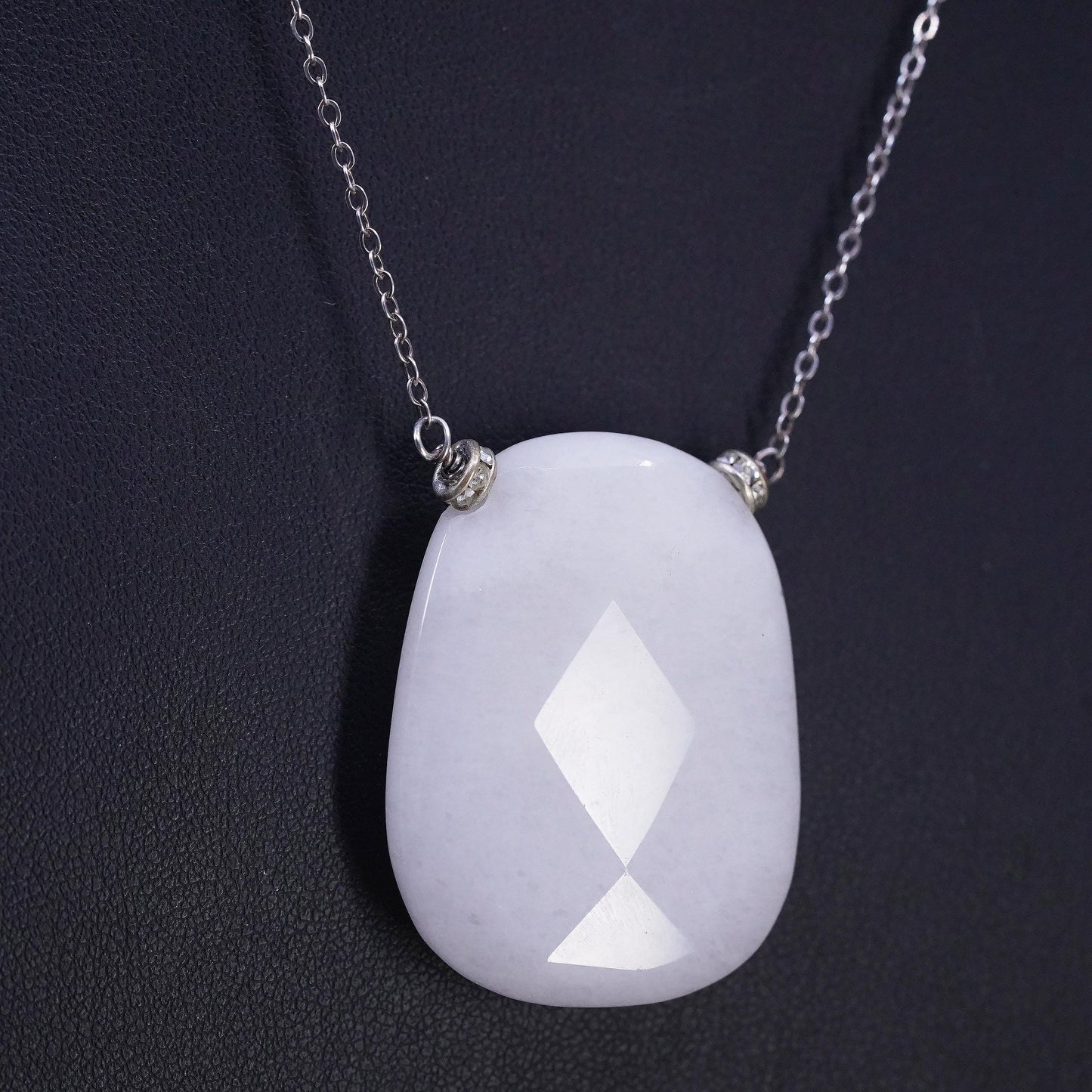 16", VTG Faceted Natural White Jadeite Jade Necklace Sterling Silver 925 Chain