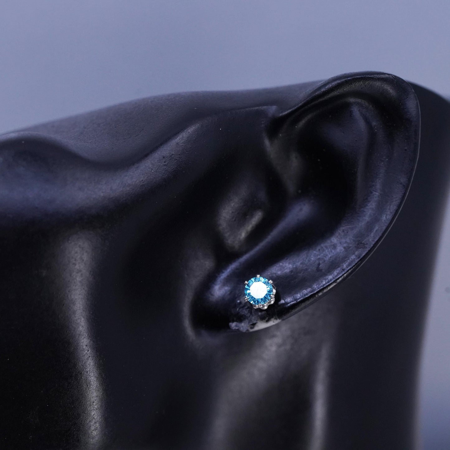 4mm, Vintage Sterling 925 silver handmade earrings, blue cz studs