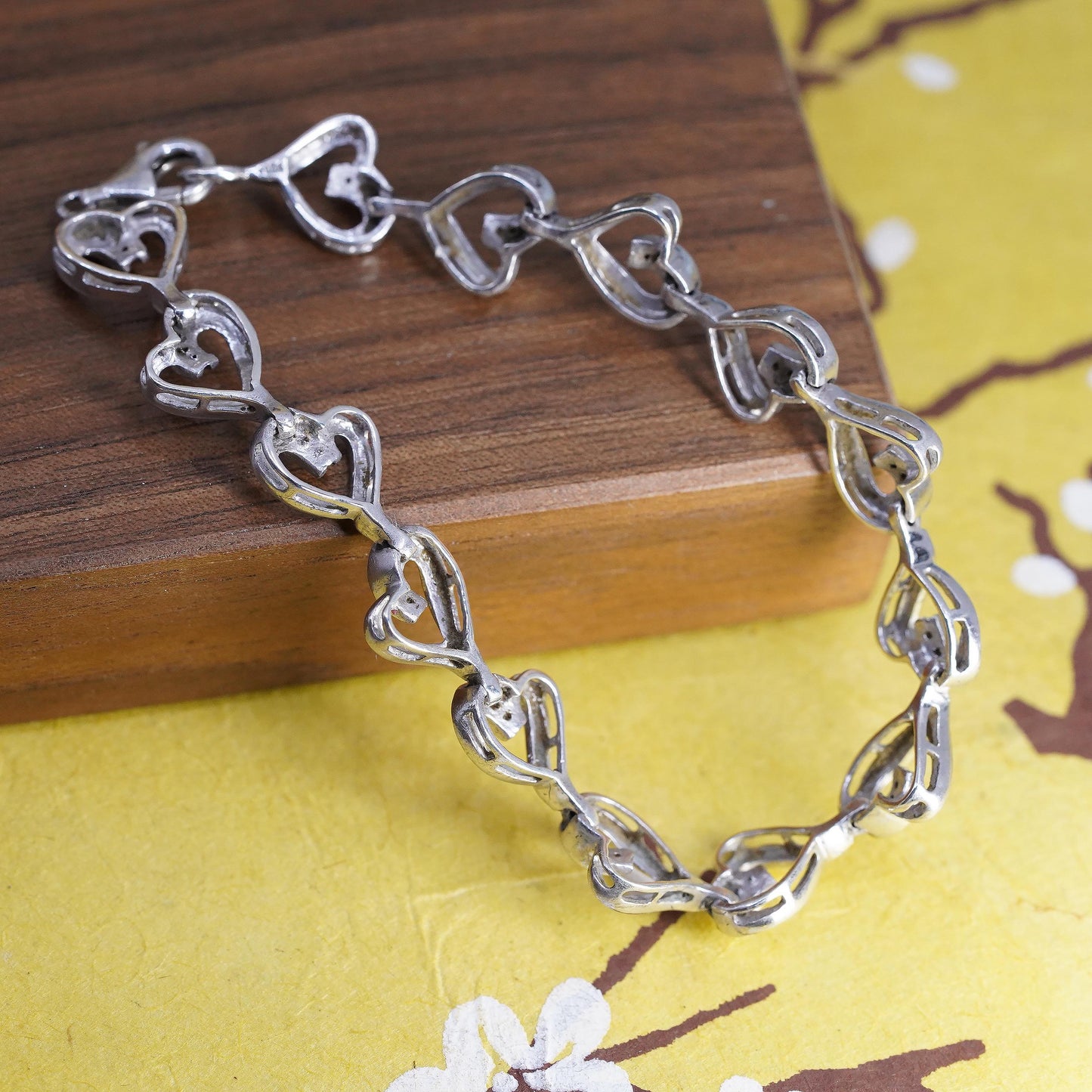 7.5”, vintage Sterling silver tennis bracelet, 925 heart link chain diamonds