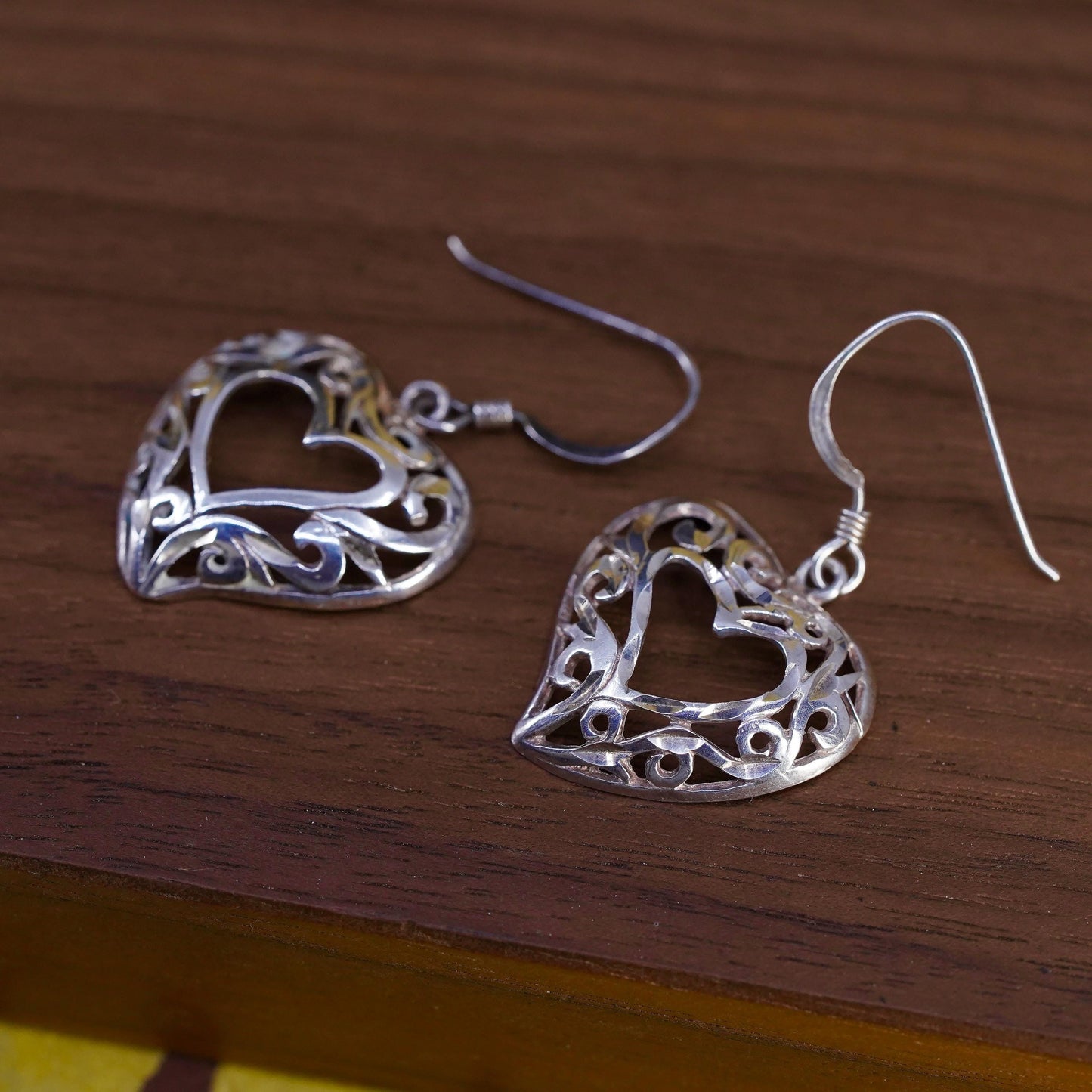 Vintage Sterling silver handmade earrings, 925 filigree heart drops