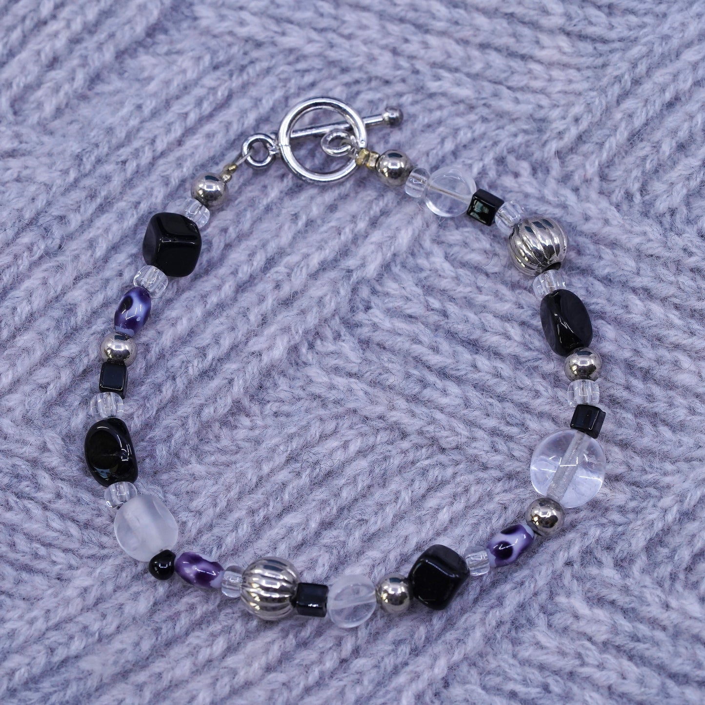 7”, VTG sterling 925 silver handmade Bali bracelet with obsidian crystal beads