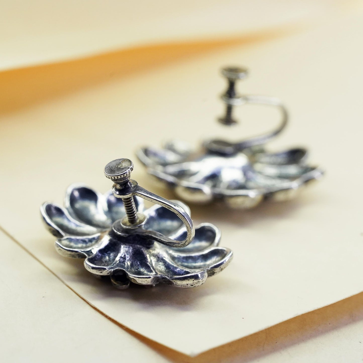 Vintage Sterling silver handmade earrings, 925 screw back flower earrings