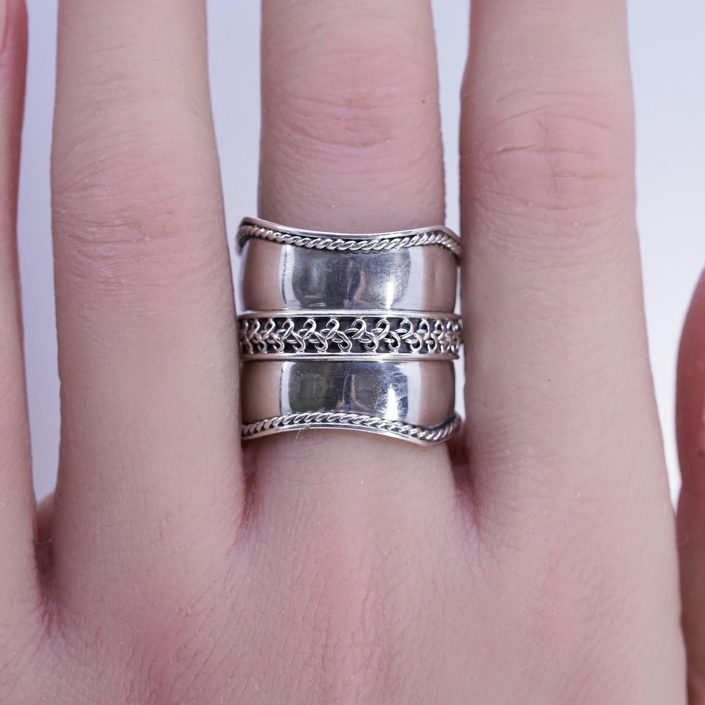 Size 9.5, Vintage Sterling Silver Wide Ring cable, Boho Statement 925 band