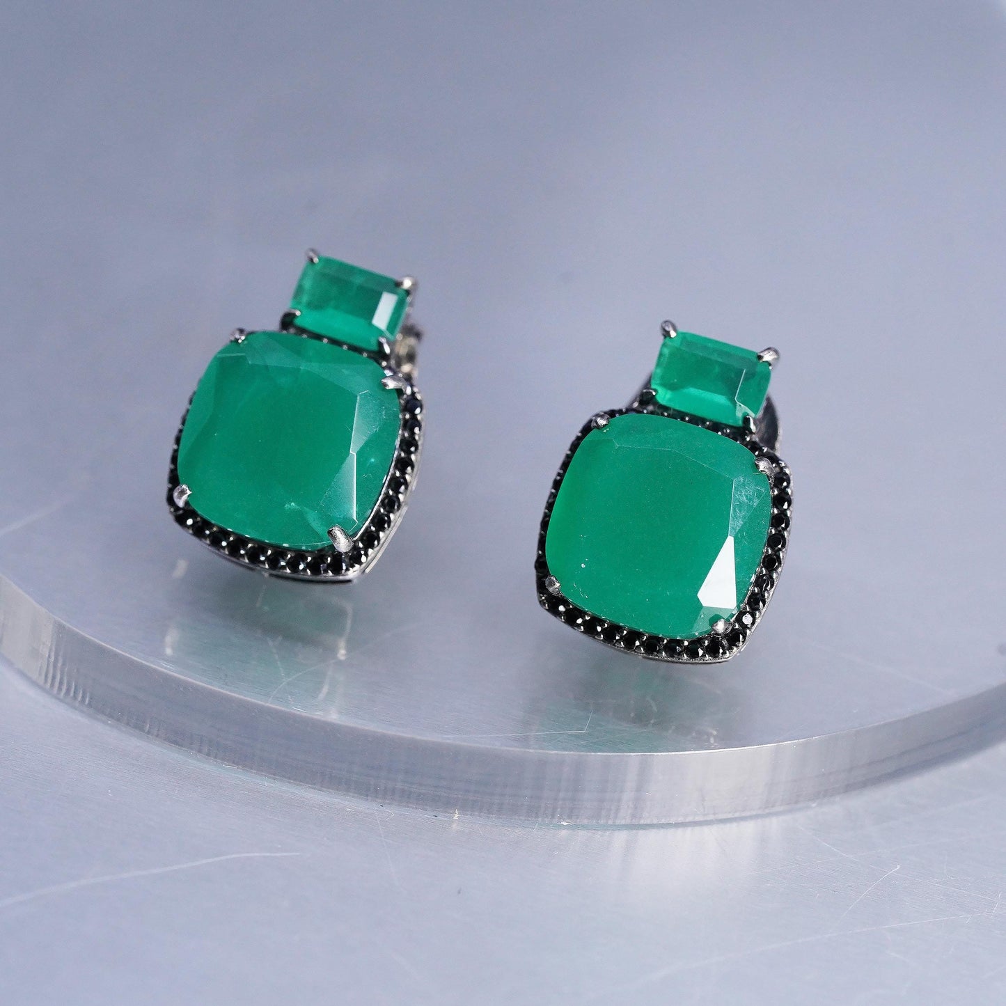 Vintage Oxidized 925 Sterling Silver Green Onyx Stud Earrings Black Spinel Halo