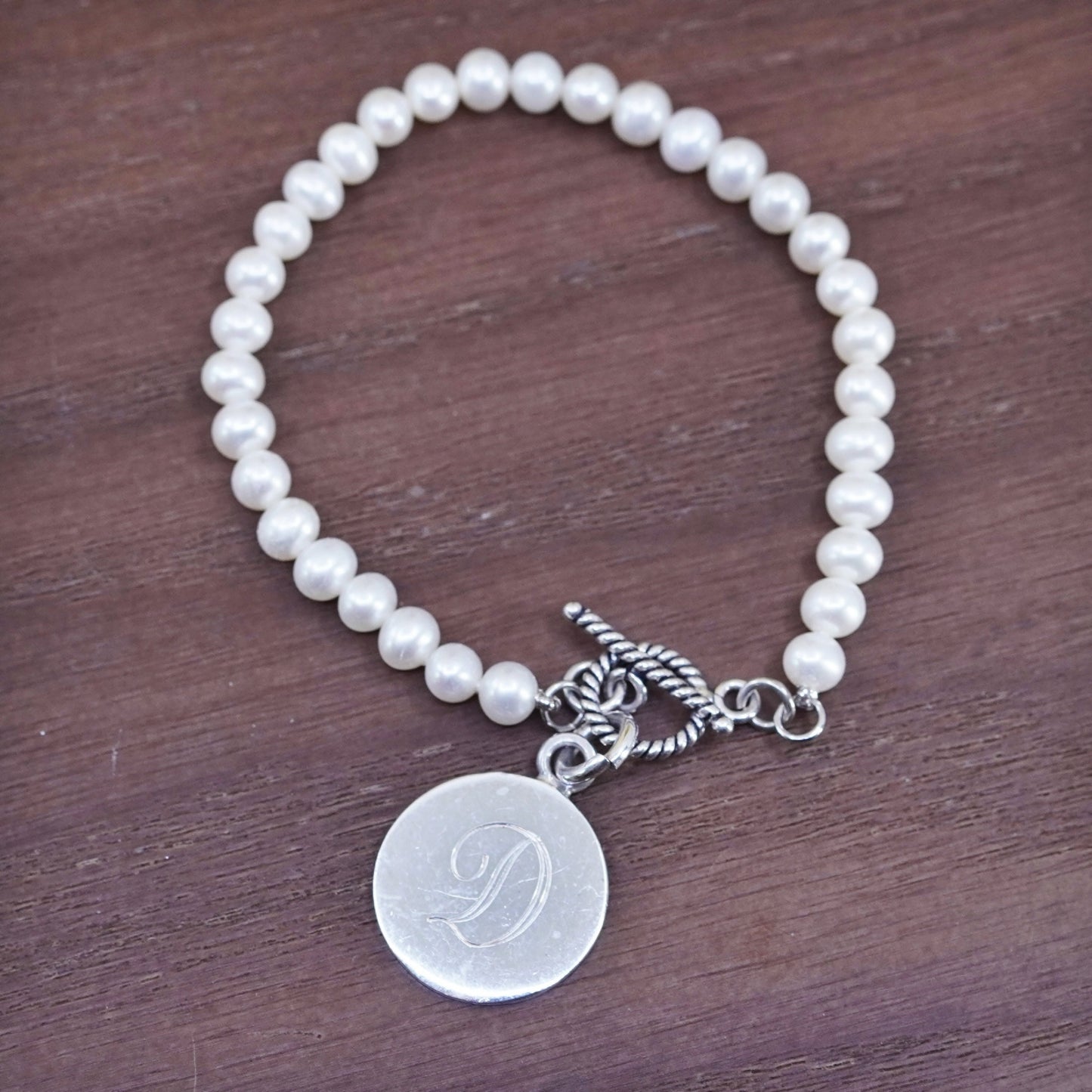 6.25”, Sterling silver handmade bracelet, freshwater pearl 925 charm engraved D