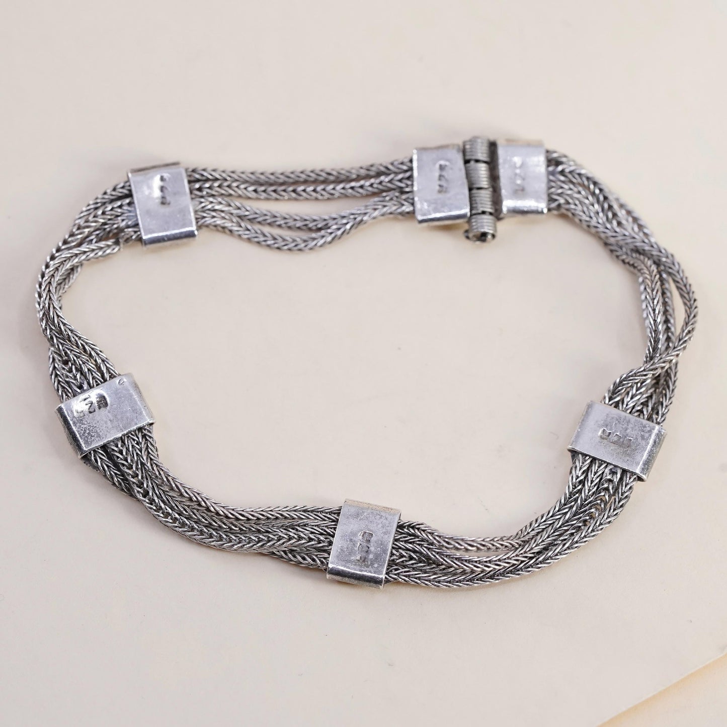7.25”, VTG sterling silver handmade bracelet, multi strands 925 wheat chains