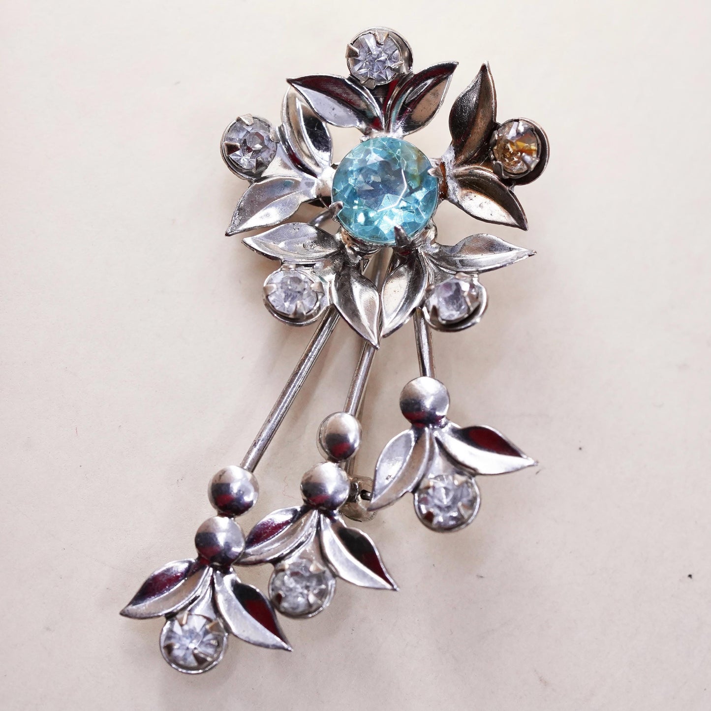 Vermeil gold plated sterling silver brooch, 925 flower blue rhinestone crystal