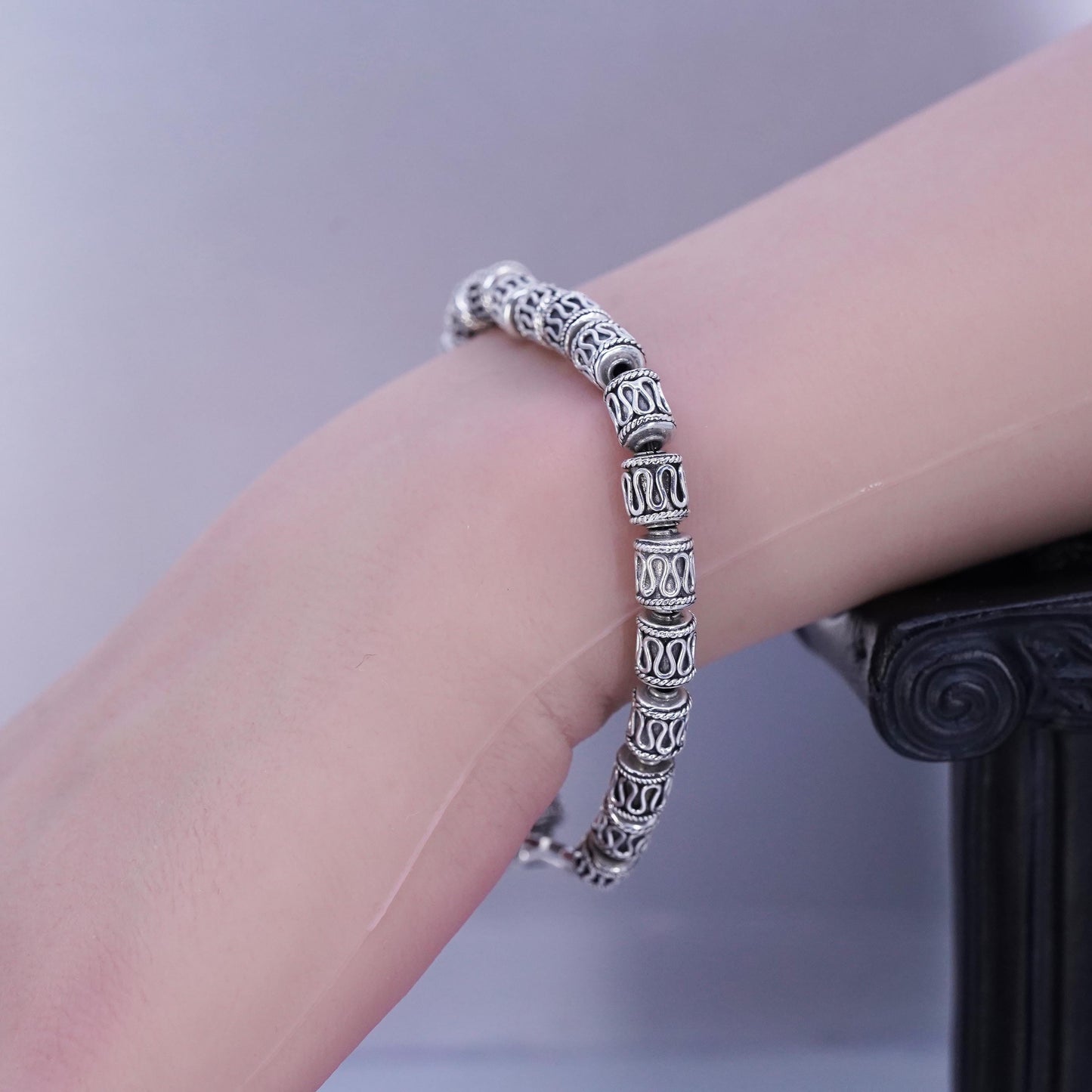 7”, Mexican Sterling 925 silver bracelet, filigree beads chain toggle closure
