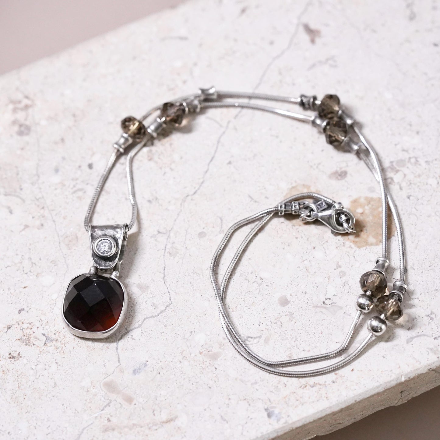 16”, Retired Silpada Sterling Silver Garnet Smoky Topaz CZ Pendant Necklace