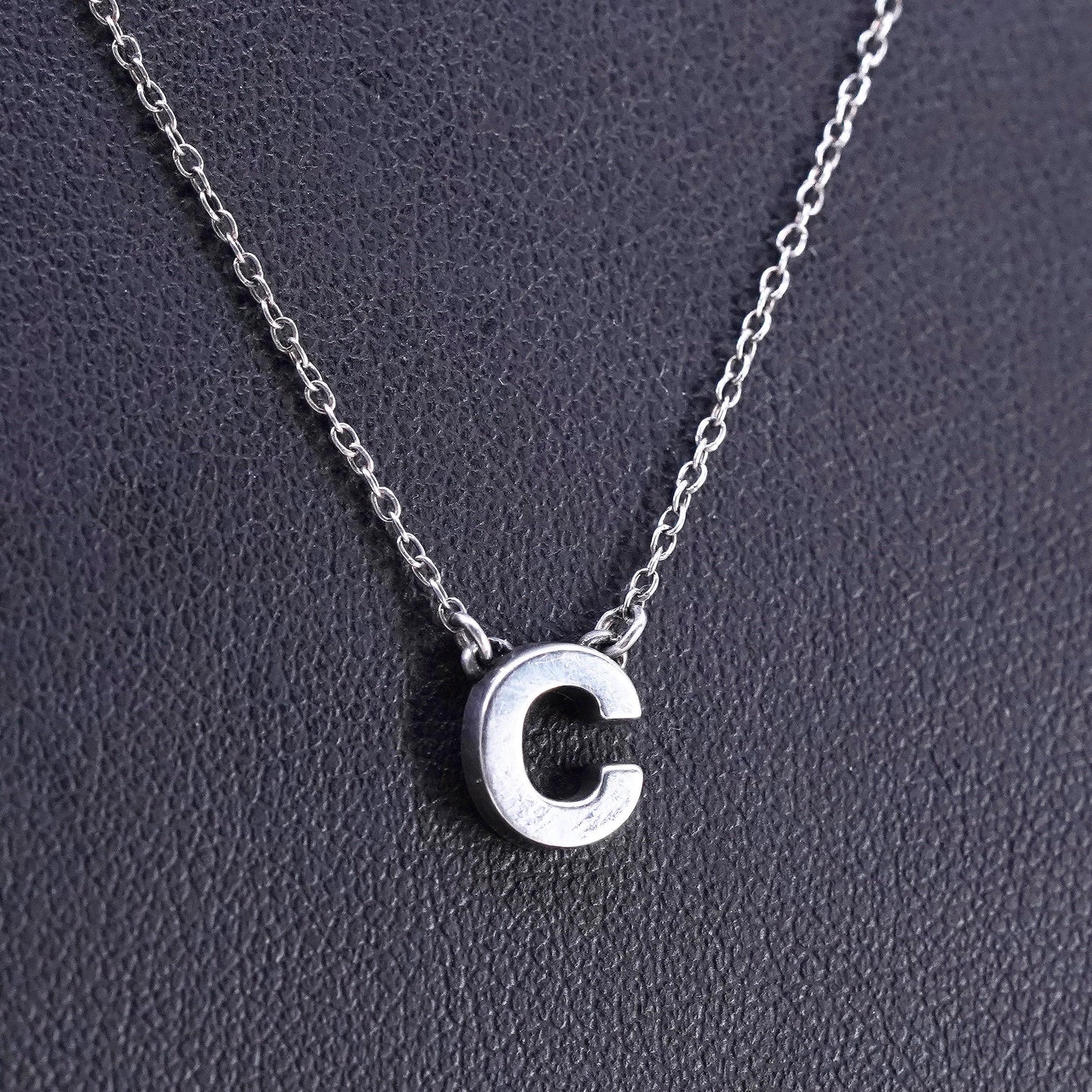 18" 1mm, vintage Sterling silver necklace, 925 circle chain letter C pendant