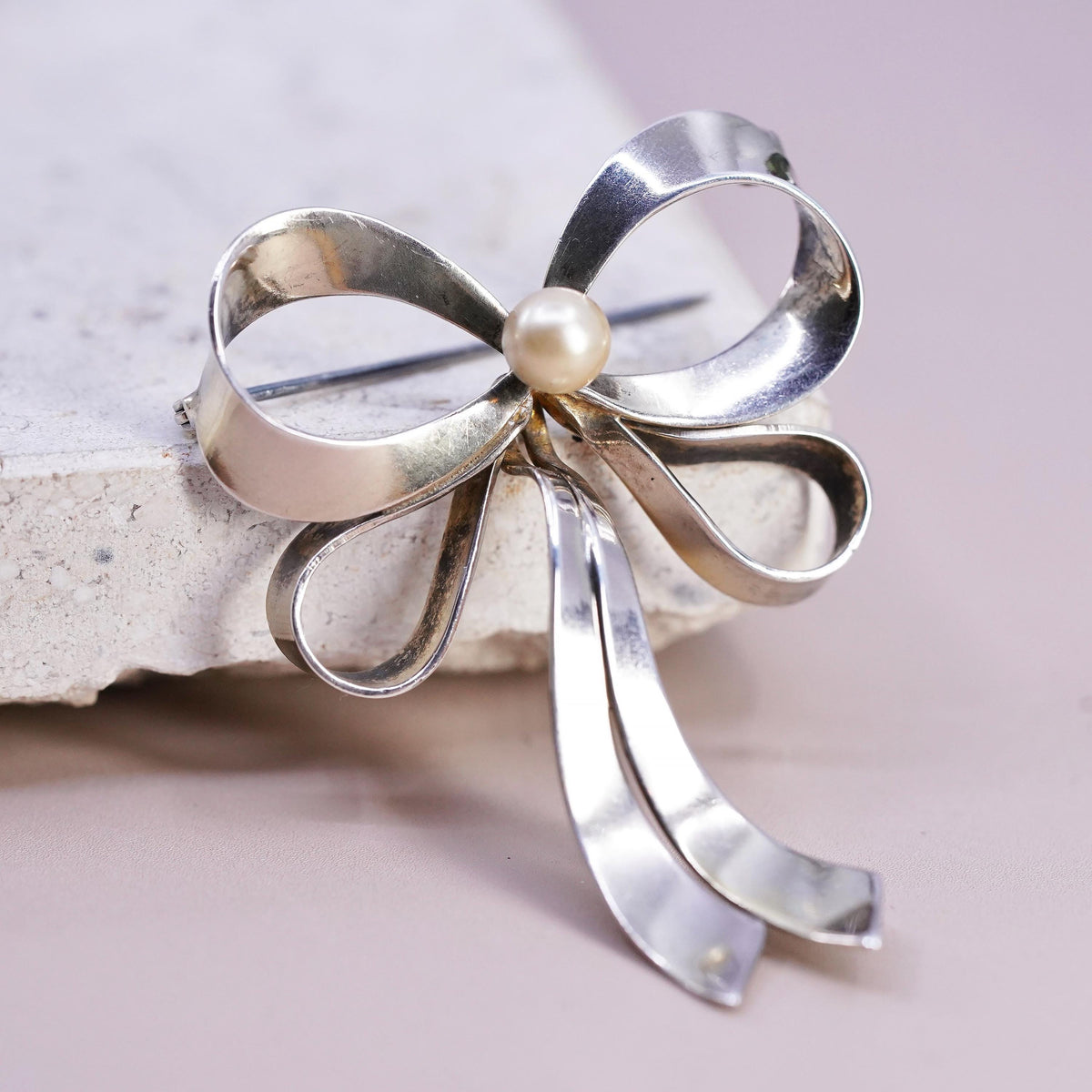 vermeil gold plated Sterling Silver Bow Brooch Pearl, Modernist Pin, Sculptural
