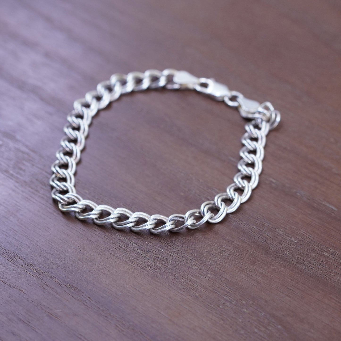 7.75”, vintage Sterling silver handmade double curb bracelet, 925 charm chain