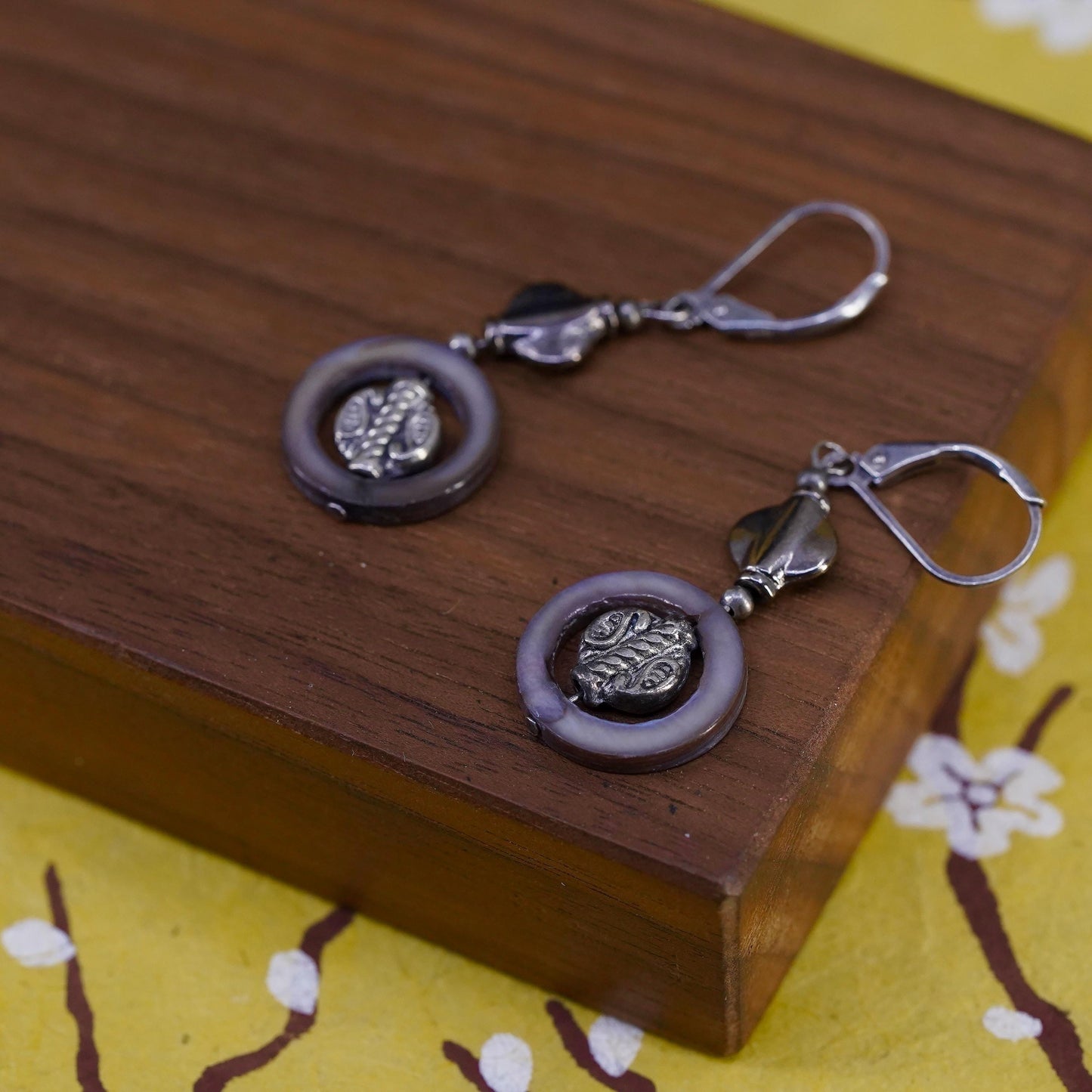 Vintage Sterling 925 silver handmade earrings with abalone circle dangles