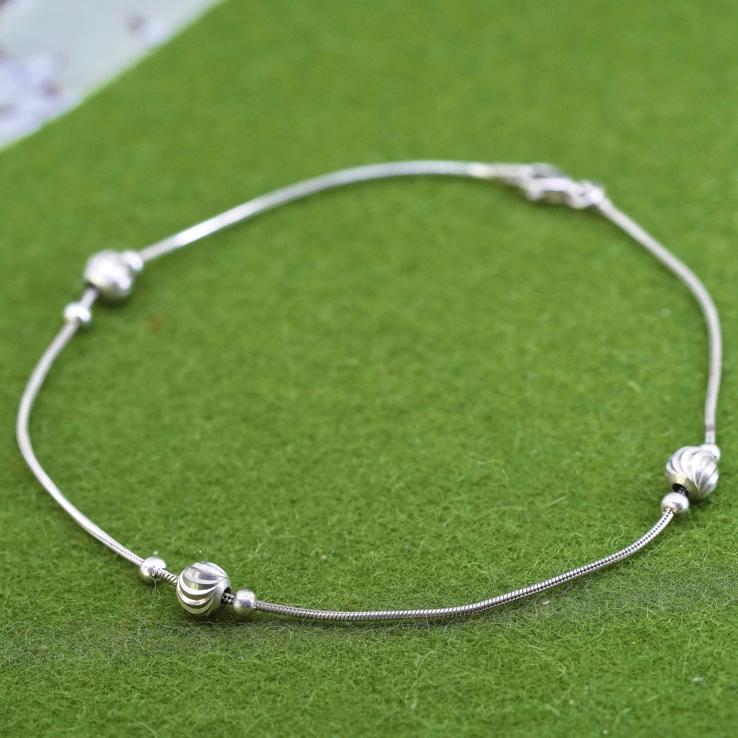 10.25”, Vintage sterling silver bracelet, 925 snake chain anklet with 5mm beads