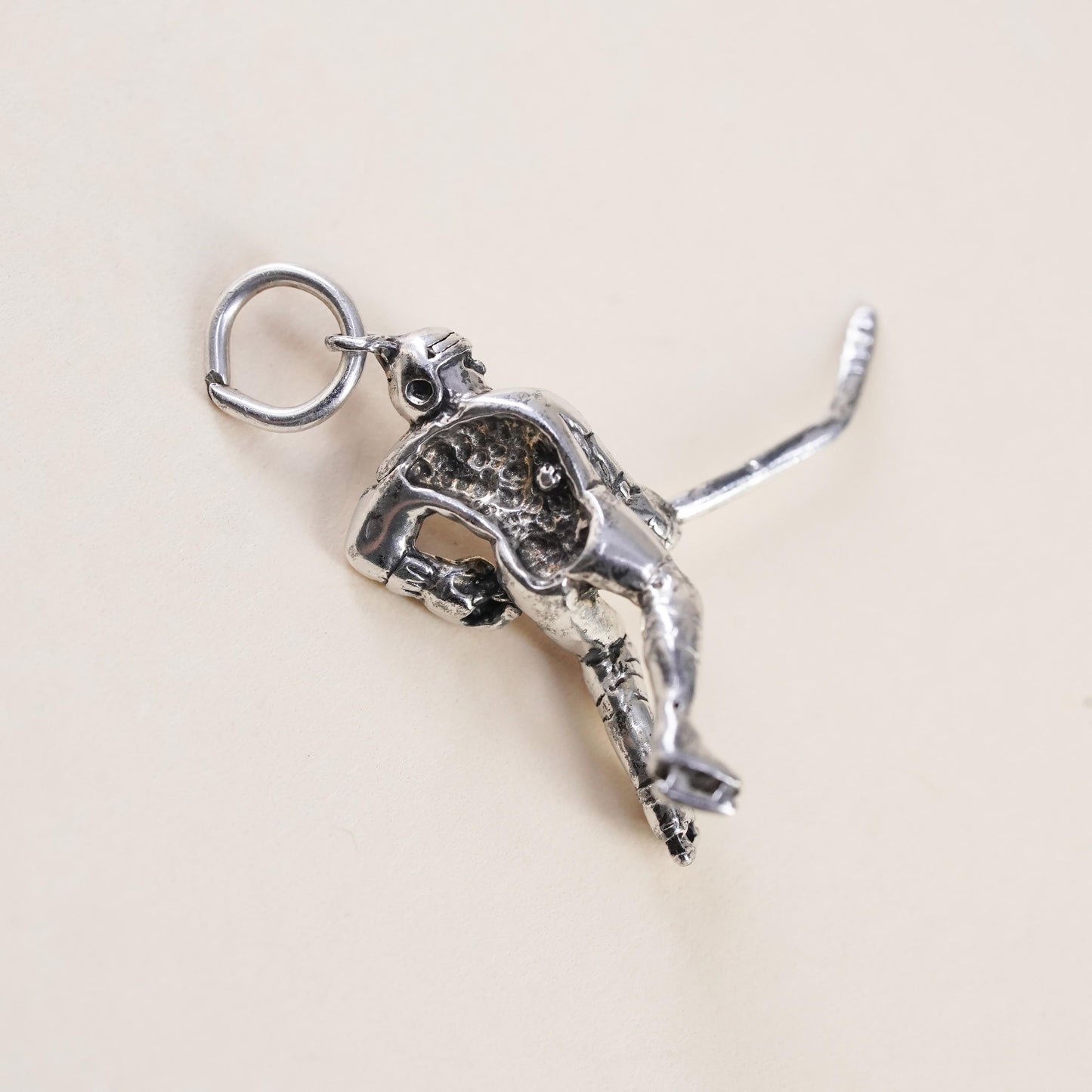 Sterling 925 Silver Hockey Player Charm Pendant, 3D Ice Hockey Skater w/ Stick