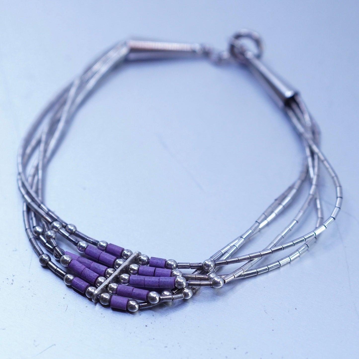 6.75”, Sterling 925 silver handmade bracelet, liquid chain purple stone charm