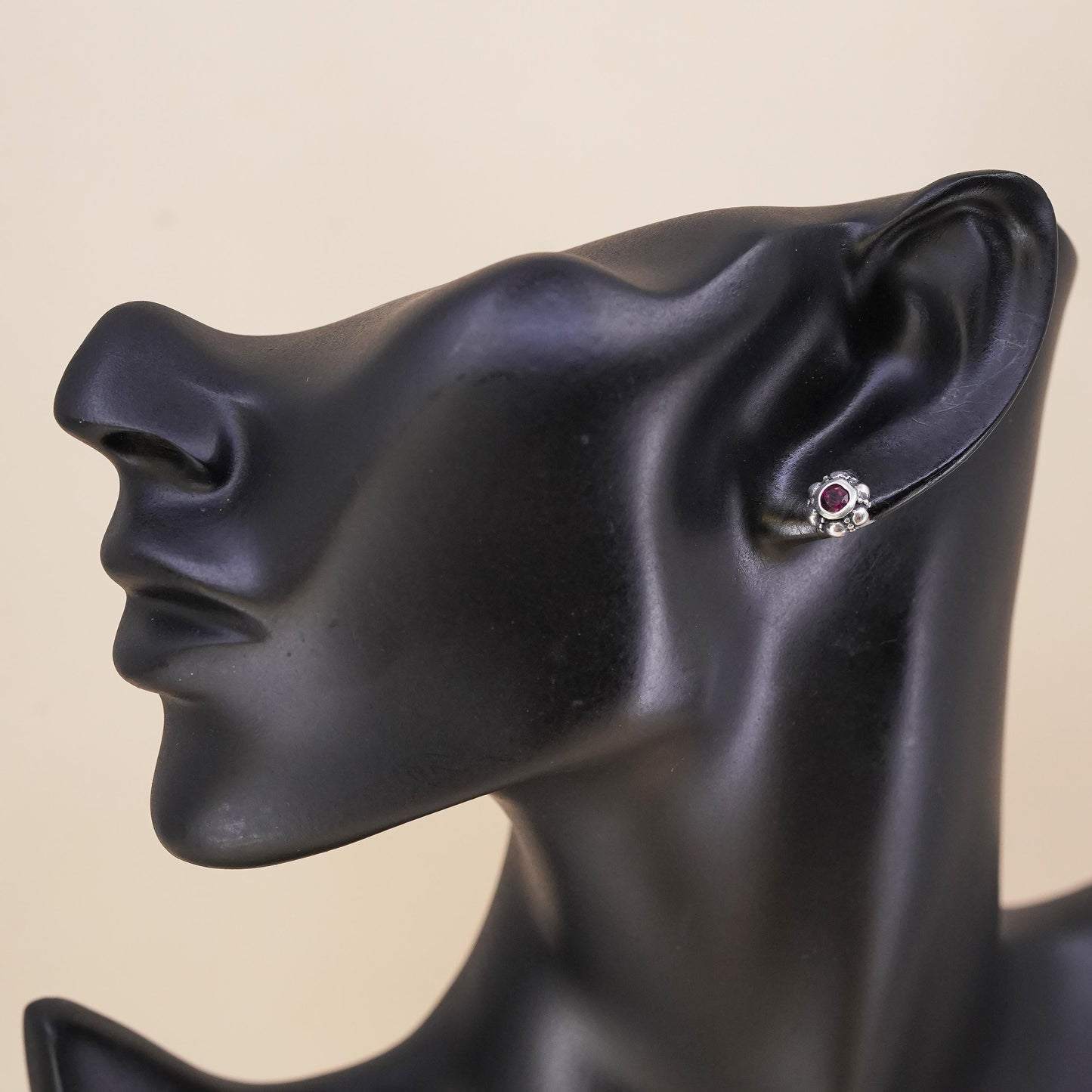 Vintage handmade single earring. Sterling 925 silver stud with garnet