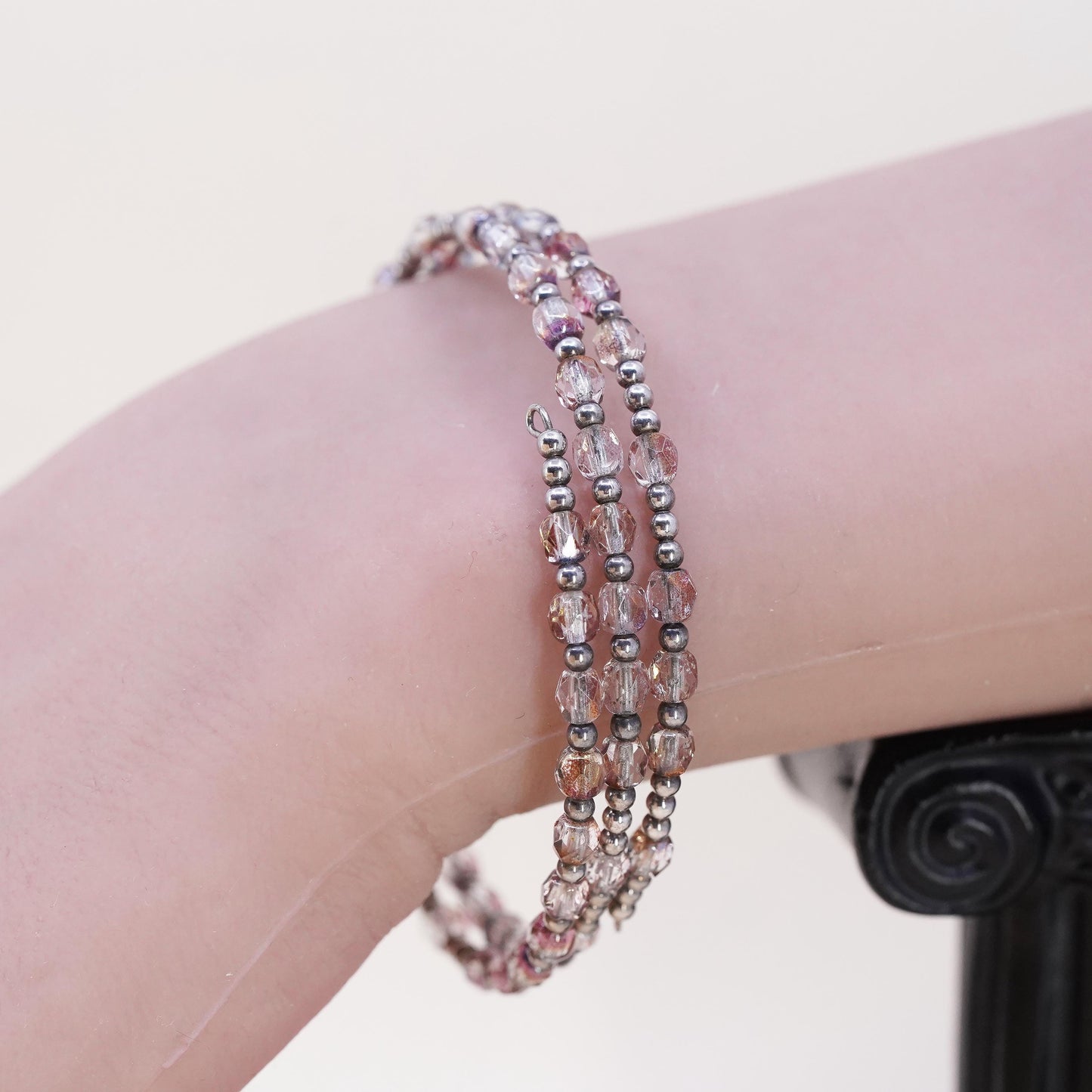 7", Vintage sterling silver handmade bracelet, 925 bangle with pink crystal