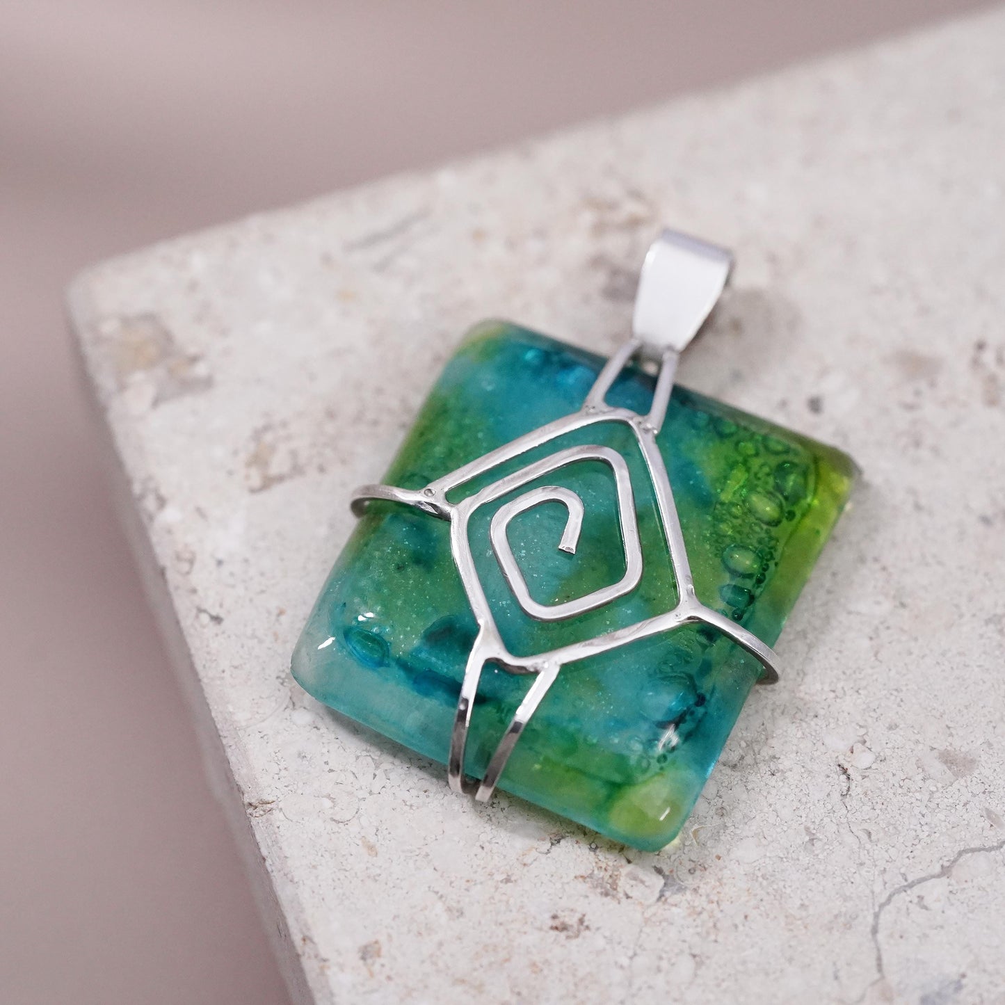 Vintage sterling 925 silver handmade square pendant green dichroic foiled glass