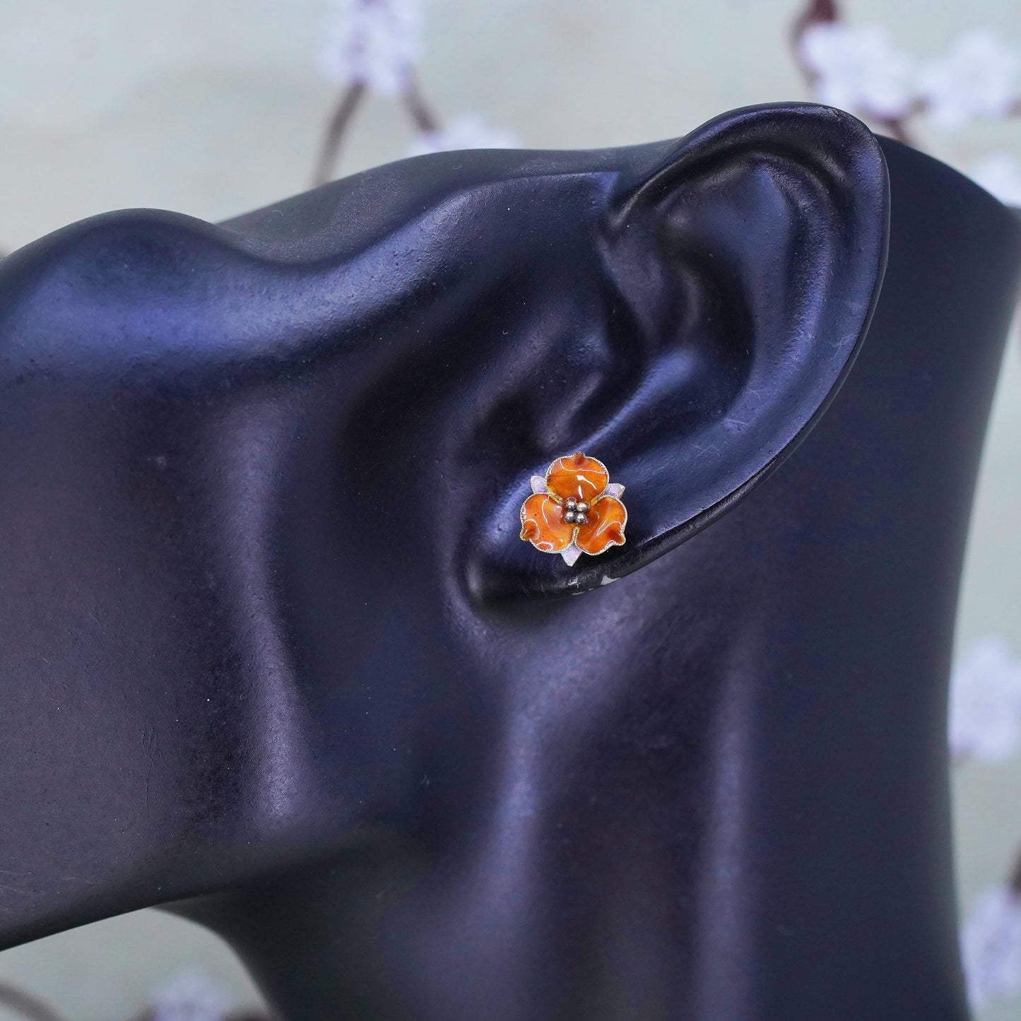vermeil gold over Sterling silver earrings, 925 flower studs with orange enamel