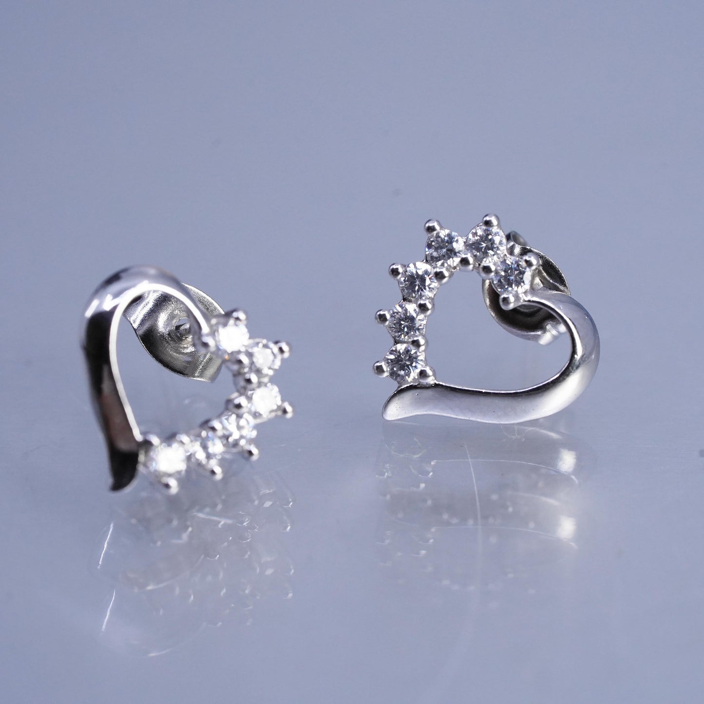Vintage Sterling 925 silver handmade heart earrings, studs with cz