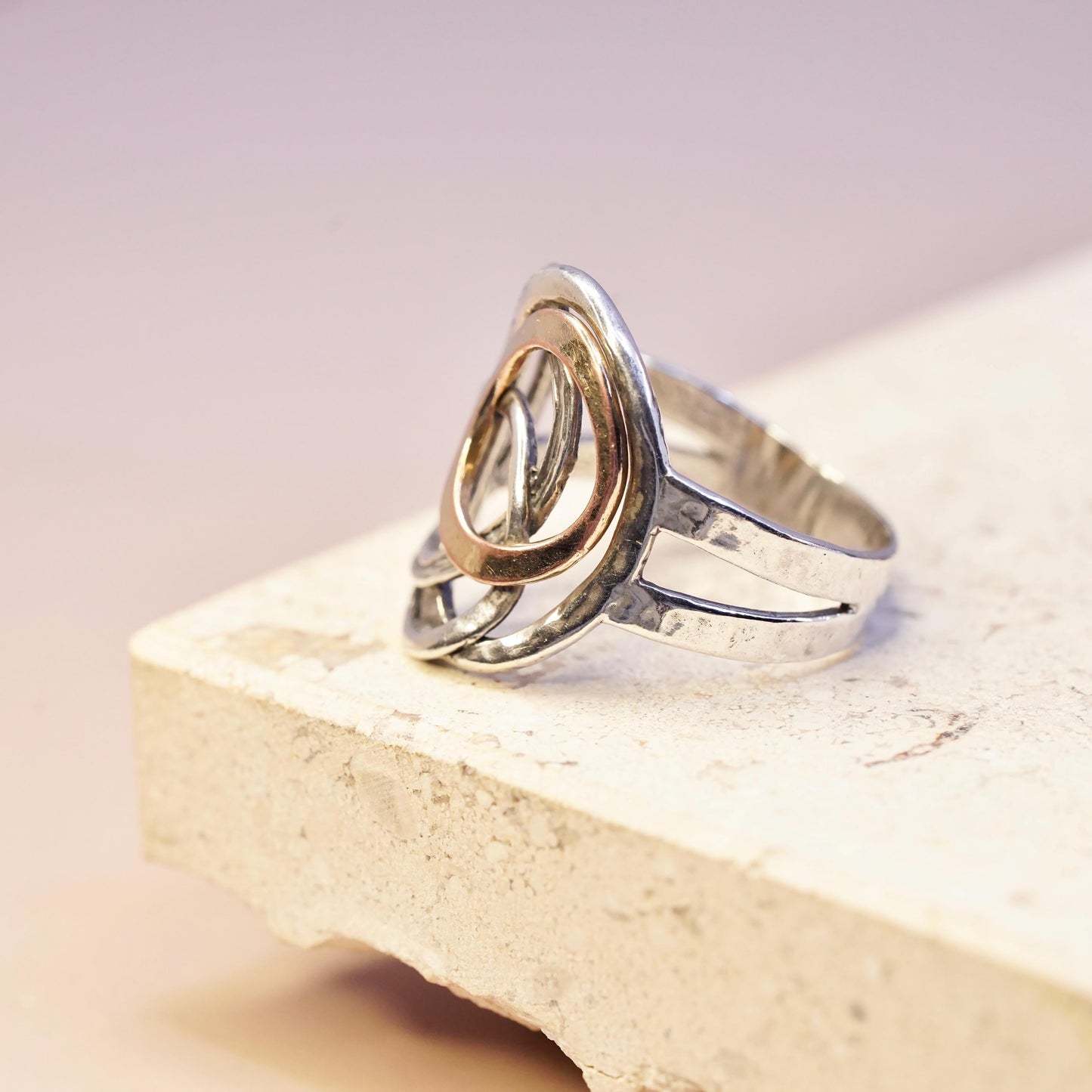 Size 9.25, vintage Israel PZ two tone Sterling silver handmade entwined ring