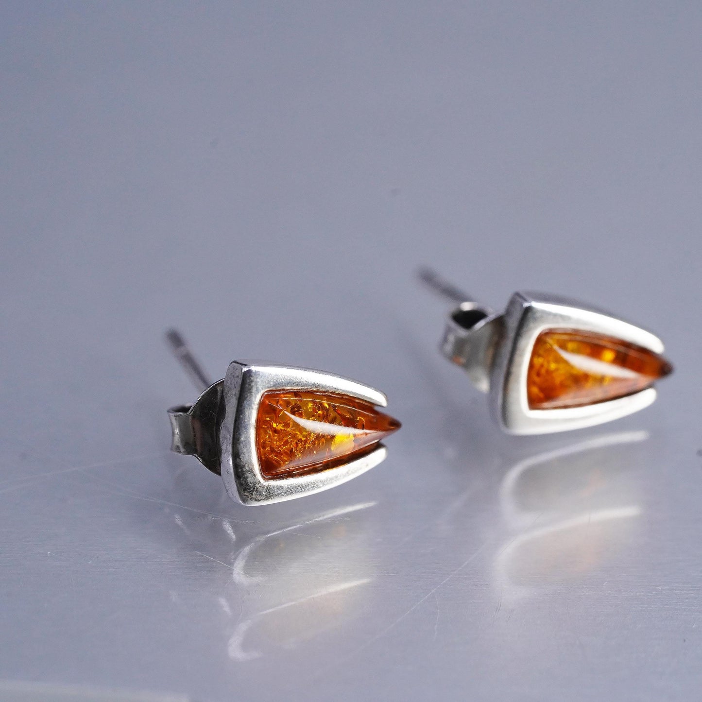 Vintage Sterling 925 silver handmade earrings, amber studs