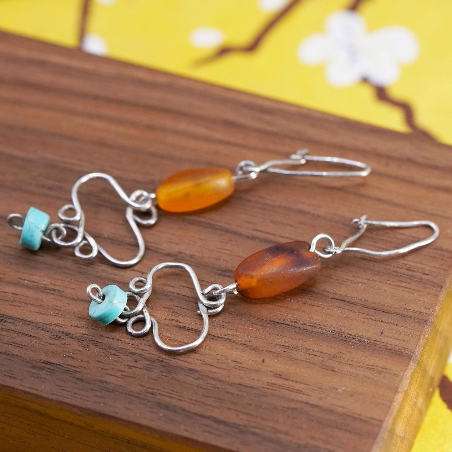Vintage Sterling 925 silver handmade earrings with Amber nugget and turquoise