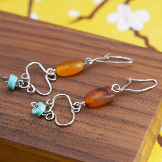 Vintage Sterling 925 silver handmade earrings with Amber nugget and turquoise