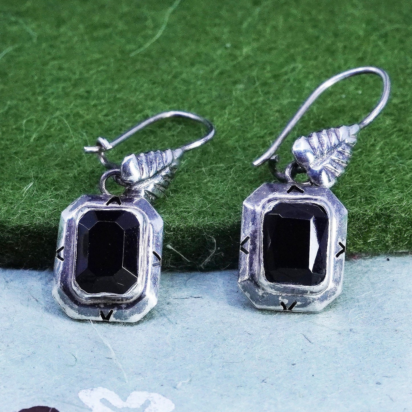 Vintage Sterling silver handmade earrings, 925 leaf with rectangular onyx