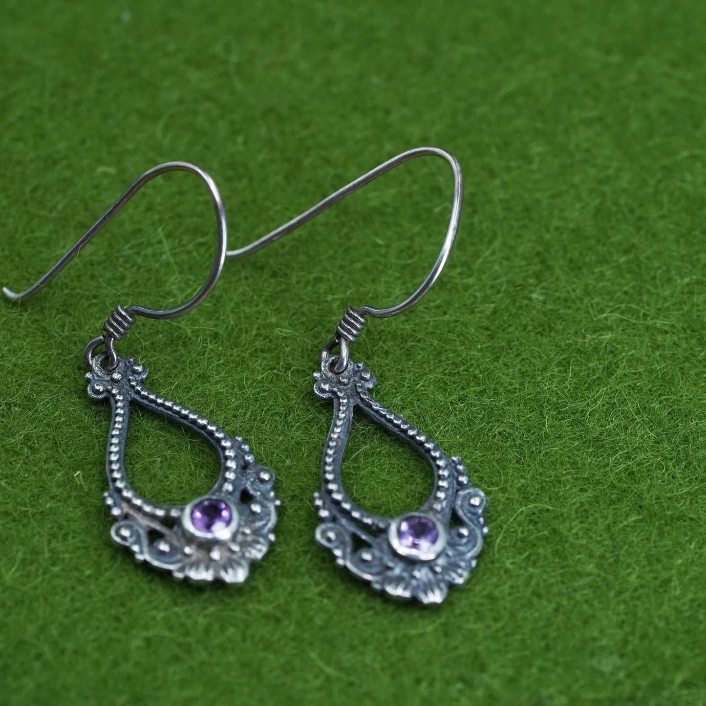 vintage sterling silver handmade earrings, 925 silver beads with amethyst