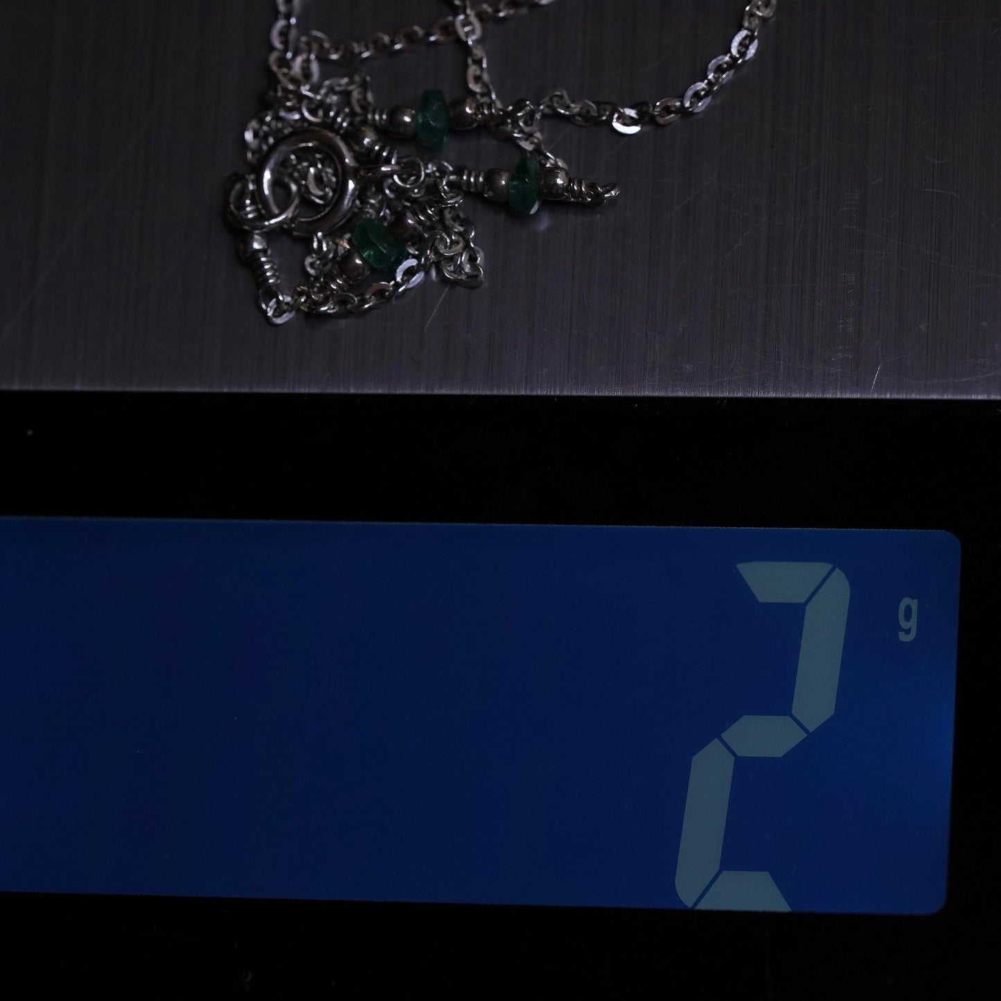 15", vintage Sterling silver circle chain w/ emerald beads, Italy 925 necklace