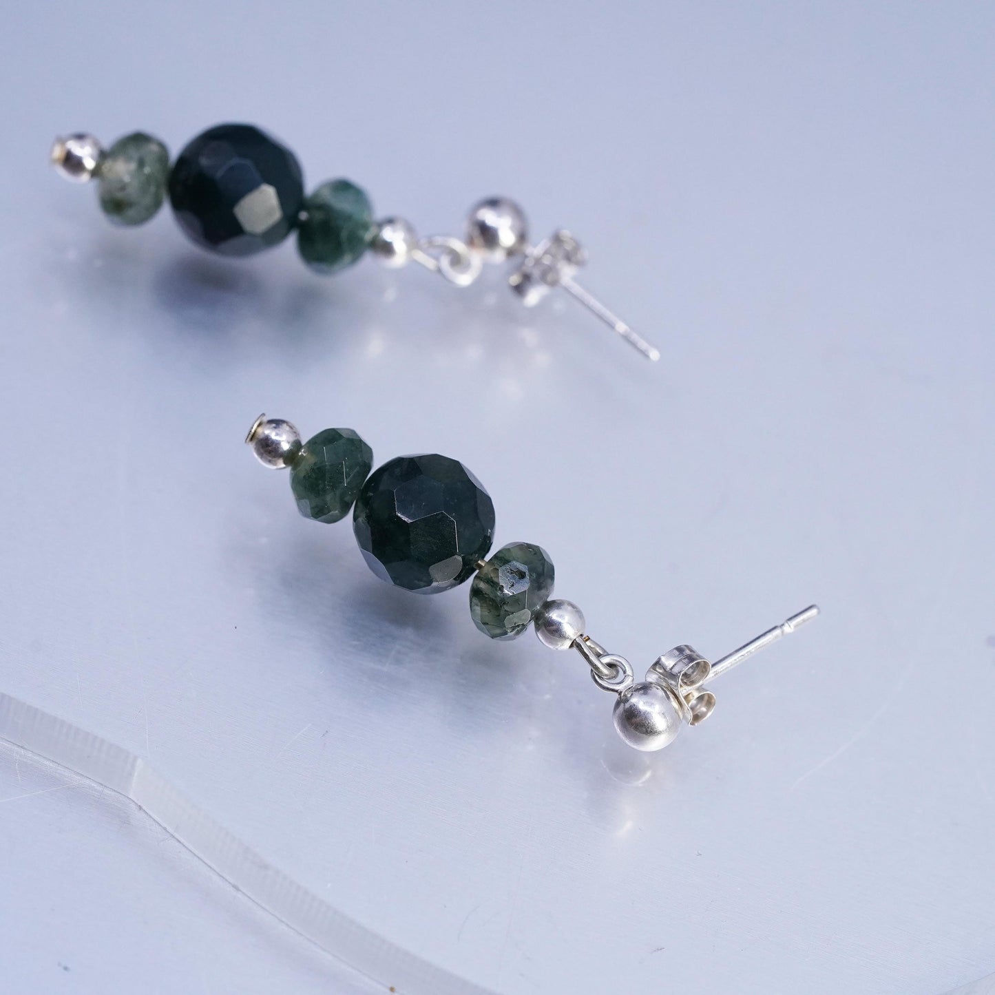 Vinatge sterling silver handmade earrings, 925 studs with moss agate beads