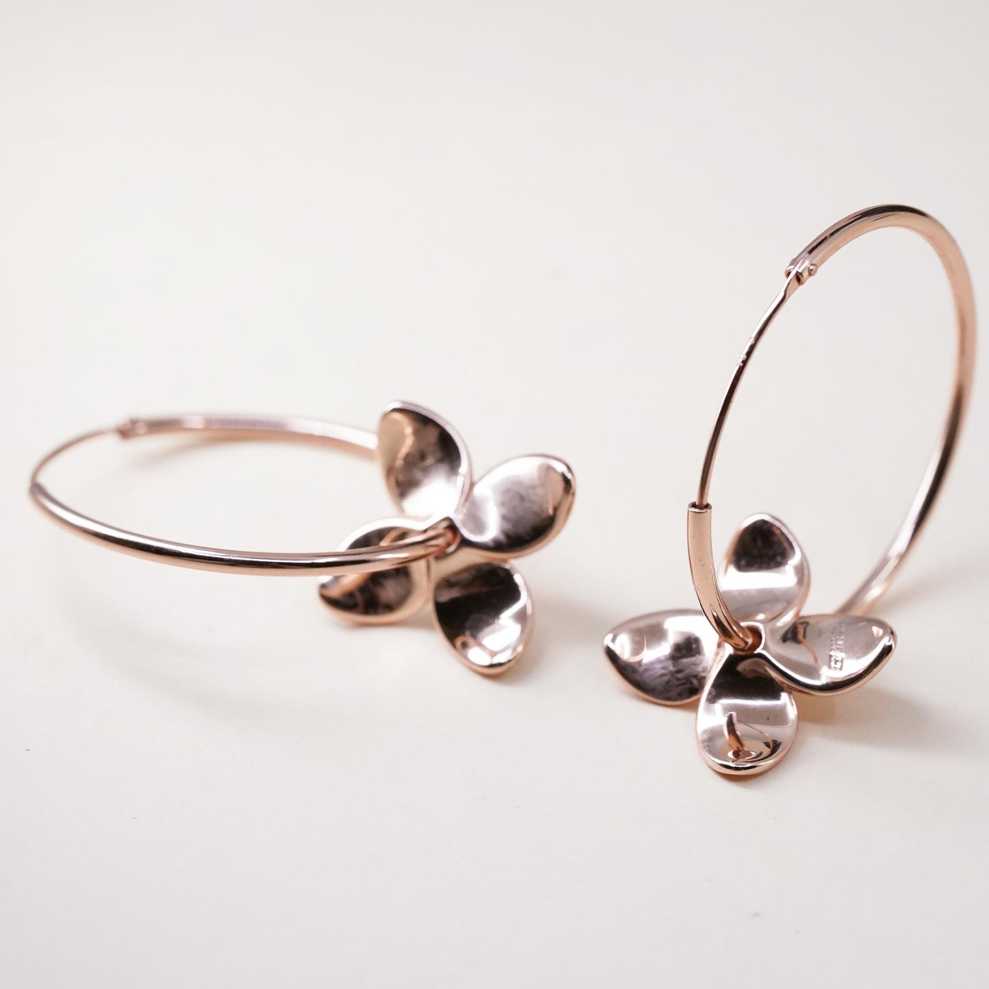 1.25", vermeil rose gold over sterling 925 silver loop earrings, hoops flower