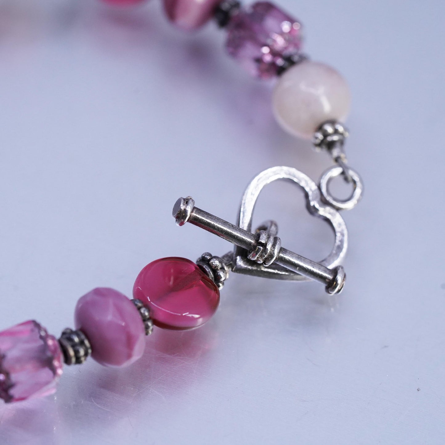 6.5", Sterling 925 Silver Bracelet pink Agate cure breast cancer ribbon charm
