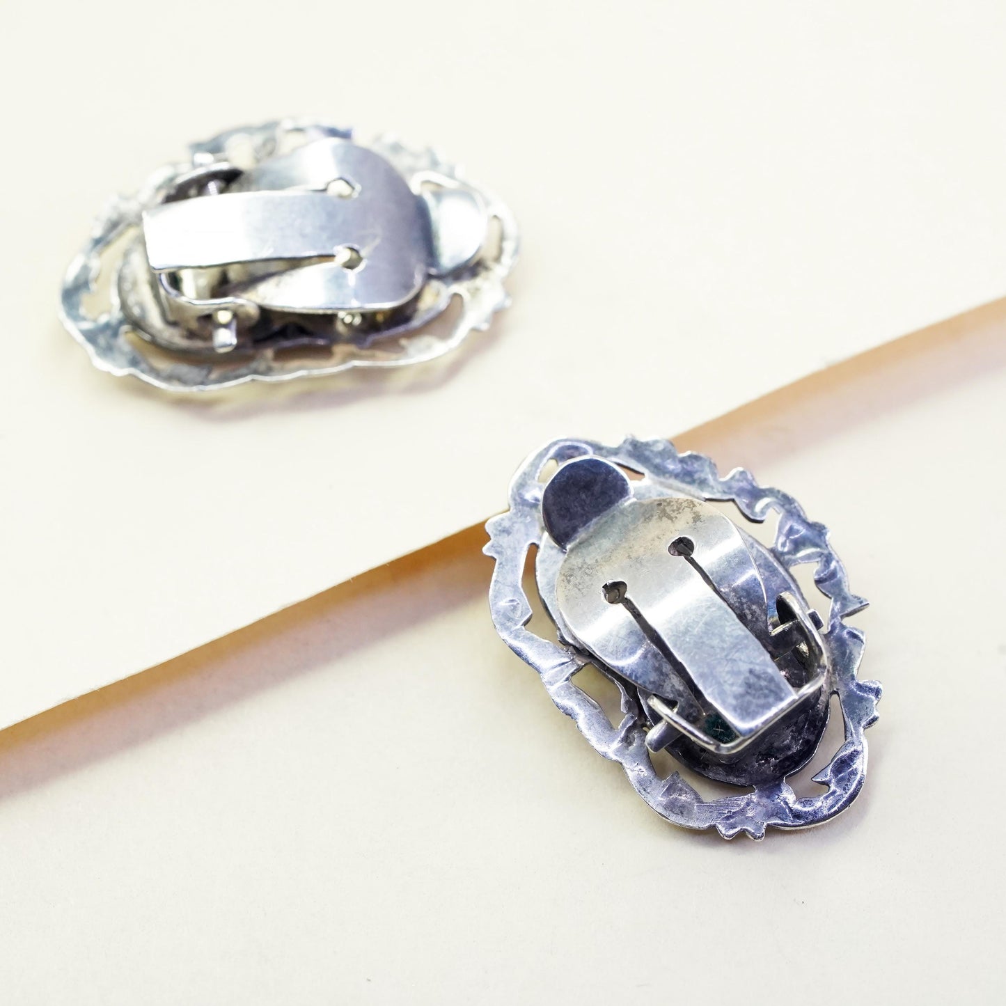 Vintage Sterling silver handmade earrings, oxidized 925 clip on Indian goddess