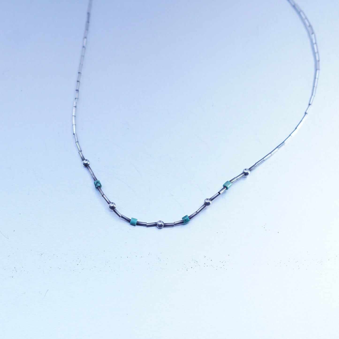 16”, Native American Sterling 925 liquid silver necklace with turquoise beads