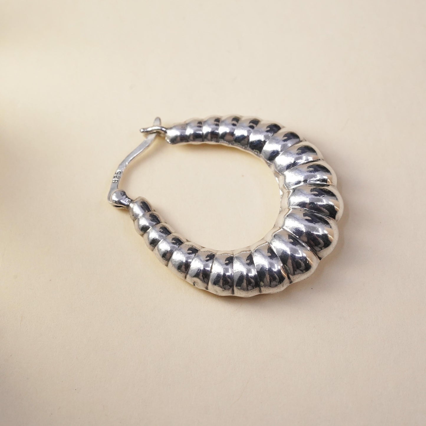 1.25", Vintage sterling silver loop single earring, ribbed primitive hoop